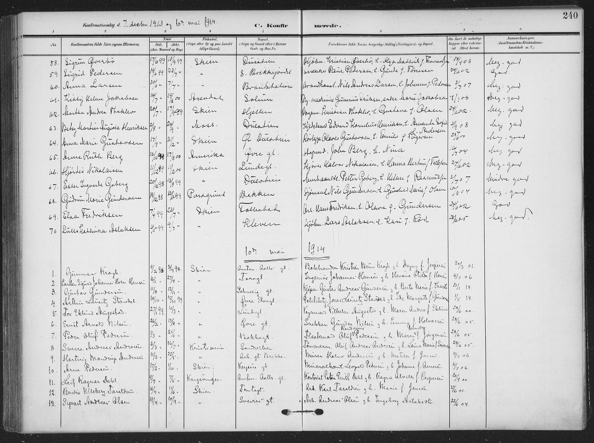 Skien kirkebøker, SAKO/A-302/F/Fa/L0012: Parish register (official) no. 12, 1908-1914, p. 240