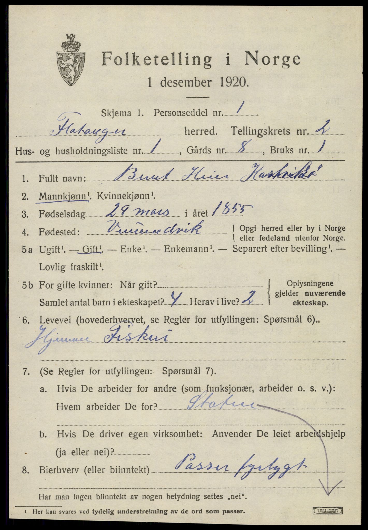 SAT, 1920 census for Flatanger, 1920, p. 1088