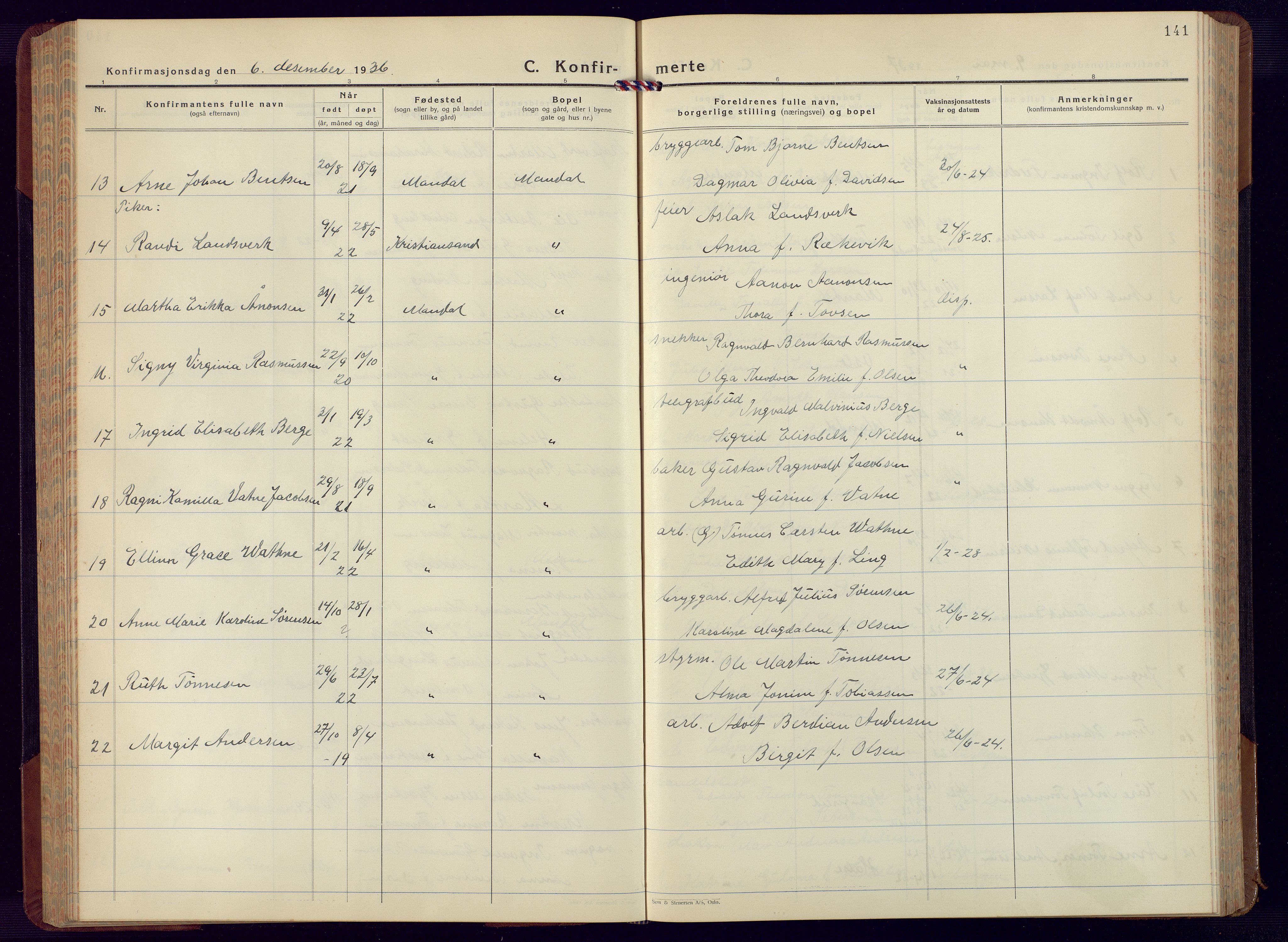 Mandal sokneprestkontor, SAK/1111-0030/F/Fb/Fbc/L0002: Parish register (copy) no. B 2, 1931-1949, p. 141
