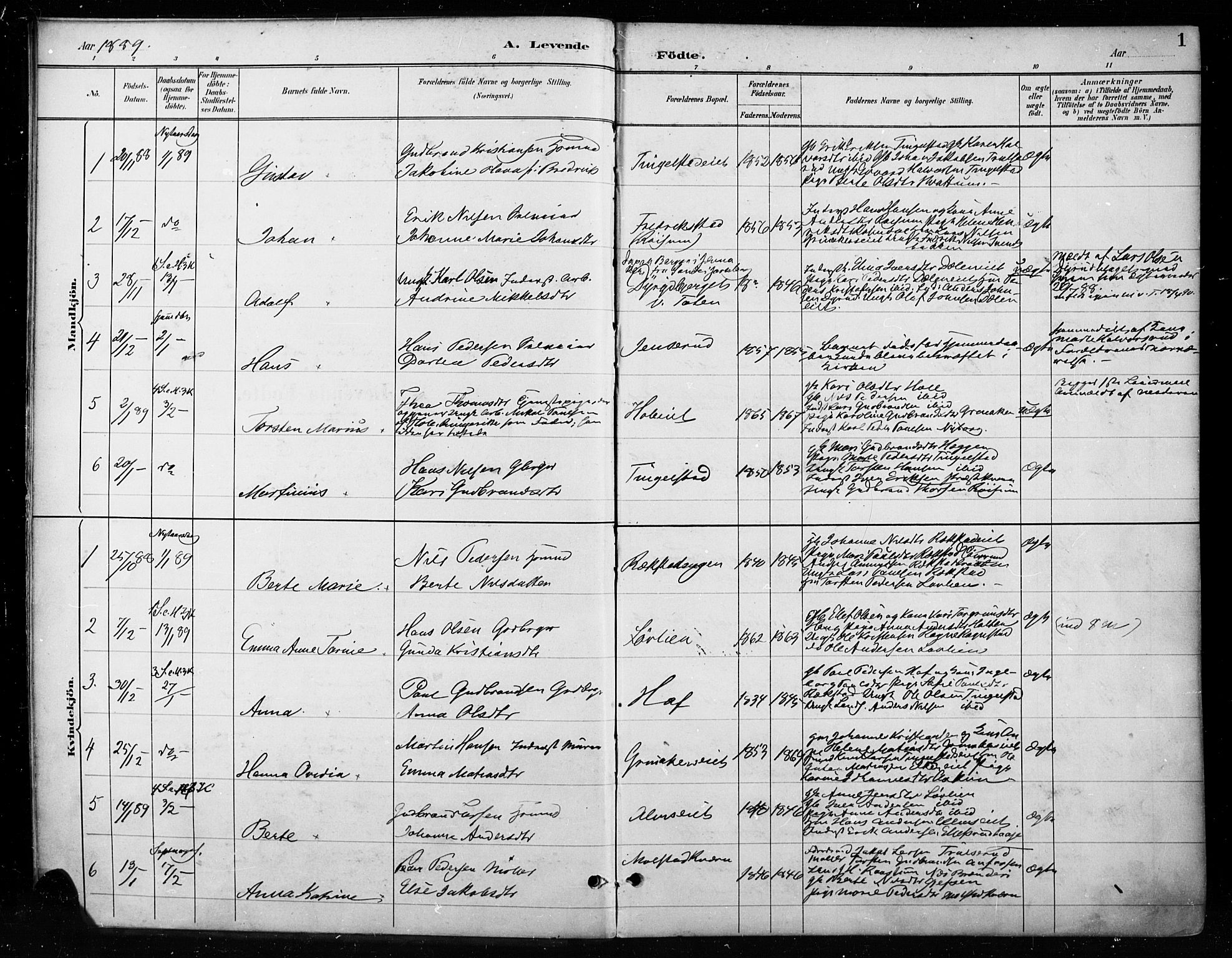 Gran prestekontor, SAH/PREST-112/H/Ha/Haa/L0018: Parish register (official) no. 18, 1889-1899, p. 1
