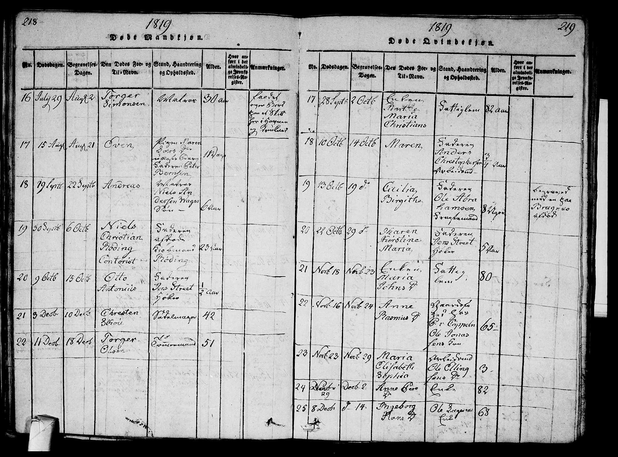 Strømsø kirkebøker, AV/SAKO-A-246/G/Ga/L0001: Parish register (copy) no. 1, 1815-1829, p. 218-219