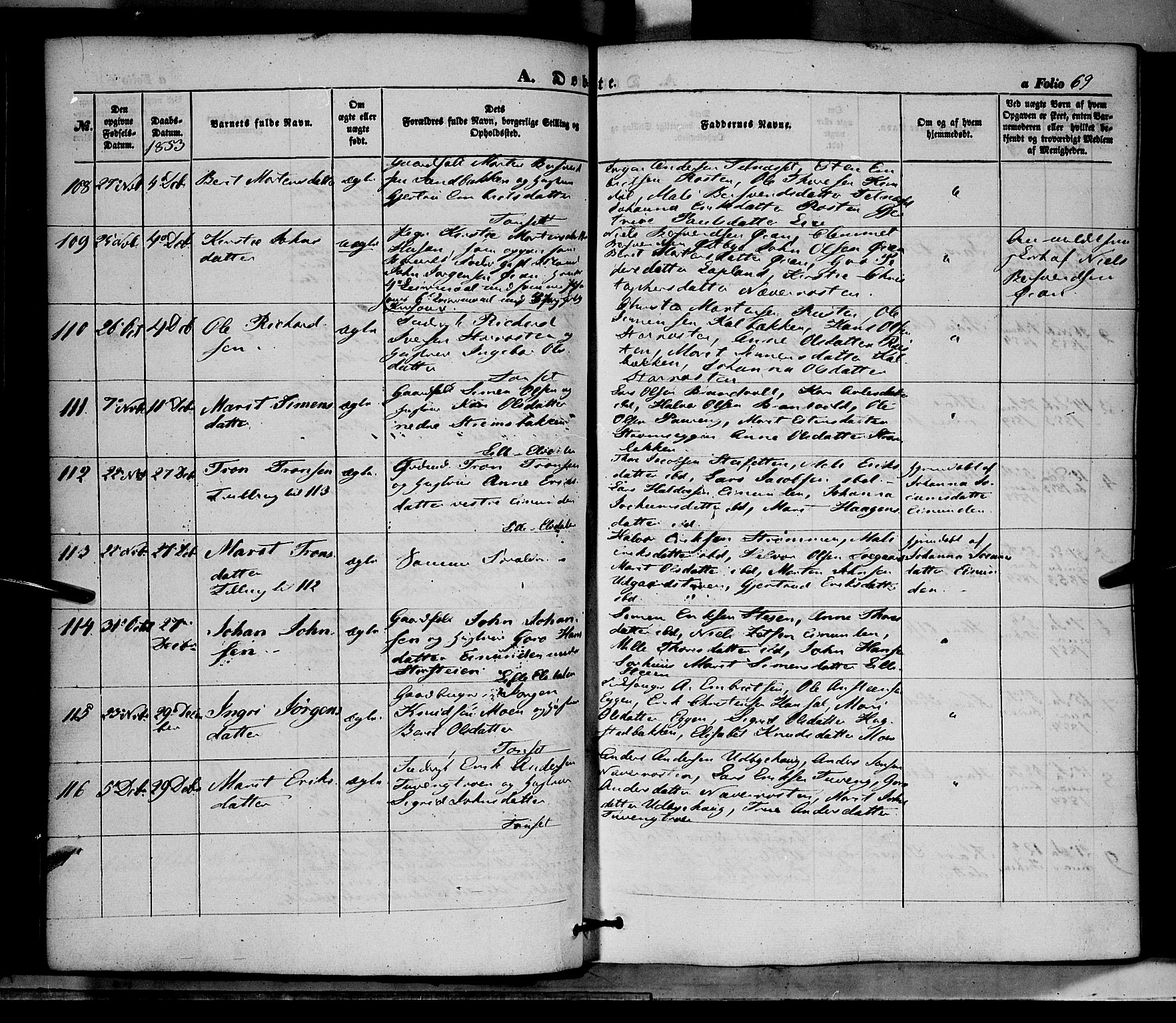 Tynset prestekontor, SAH/PREST-058/H/Ha/Haa/L0020: Parish register (official) no. 20, 1848-1862, p. 69