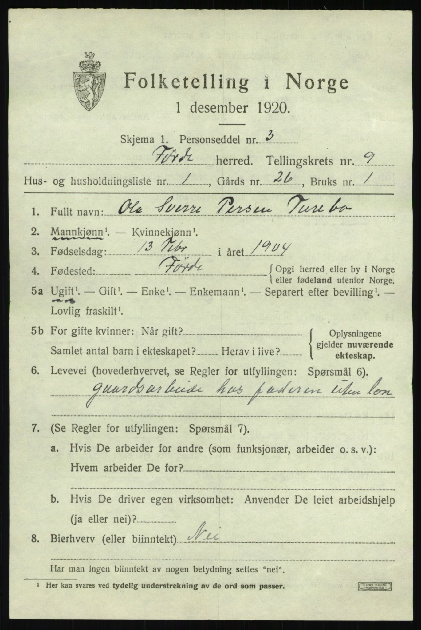 SAB, 1920 census for Førde, 1920, p. 3374