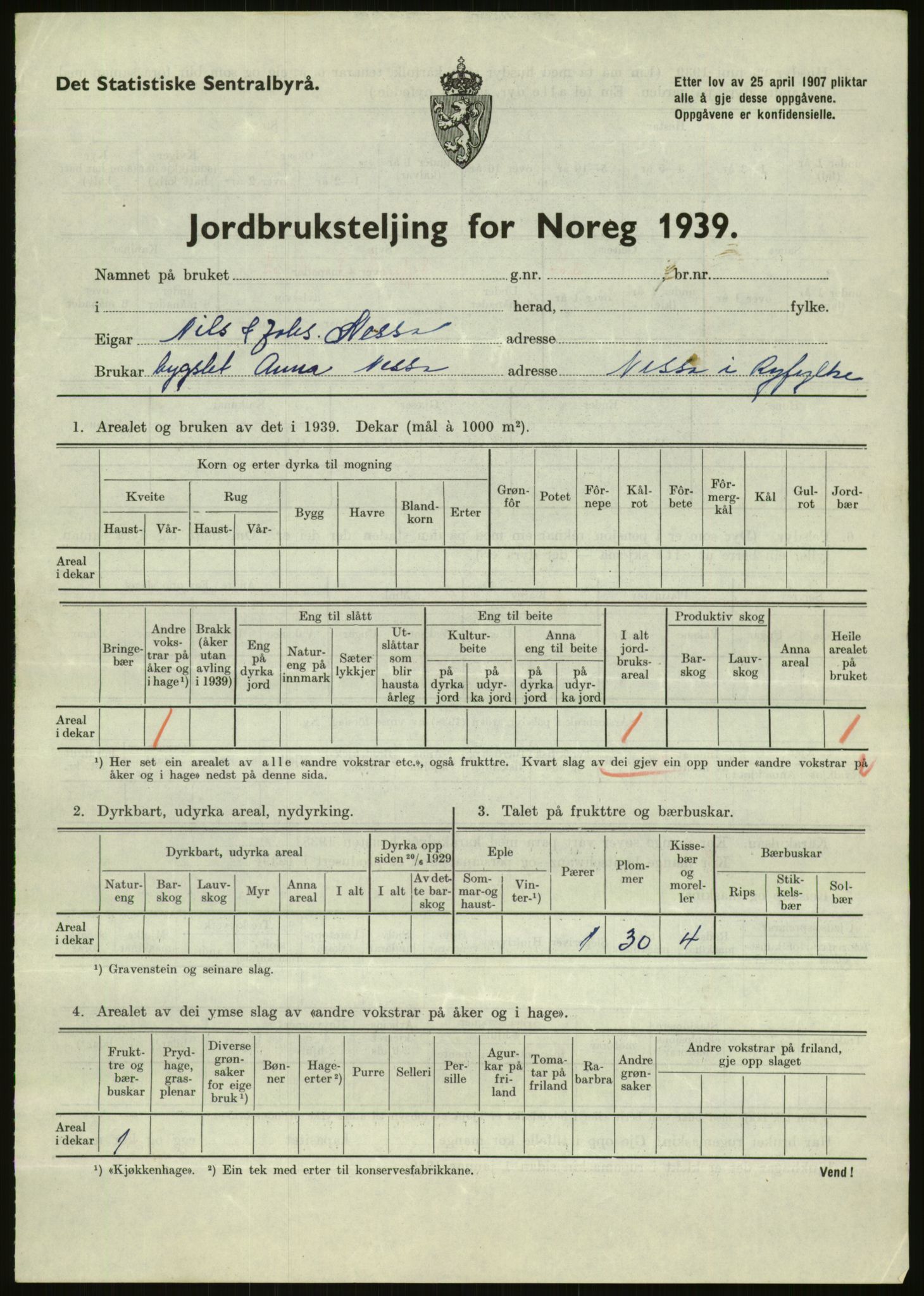Statistisk sentralbyrå, Næringsøkonomiske emner, Jordbruk, skogbruk, jakt, fiske og fangst, AV/RA-S-2234/G/Gb/L0184: Rogaland: Årdal, Fister og Hjelmeland, 1939, p. 377