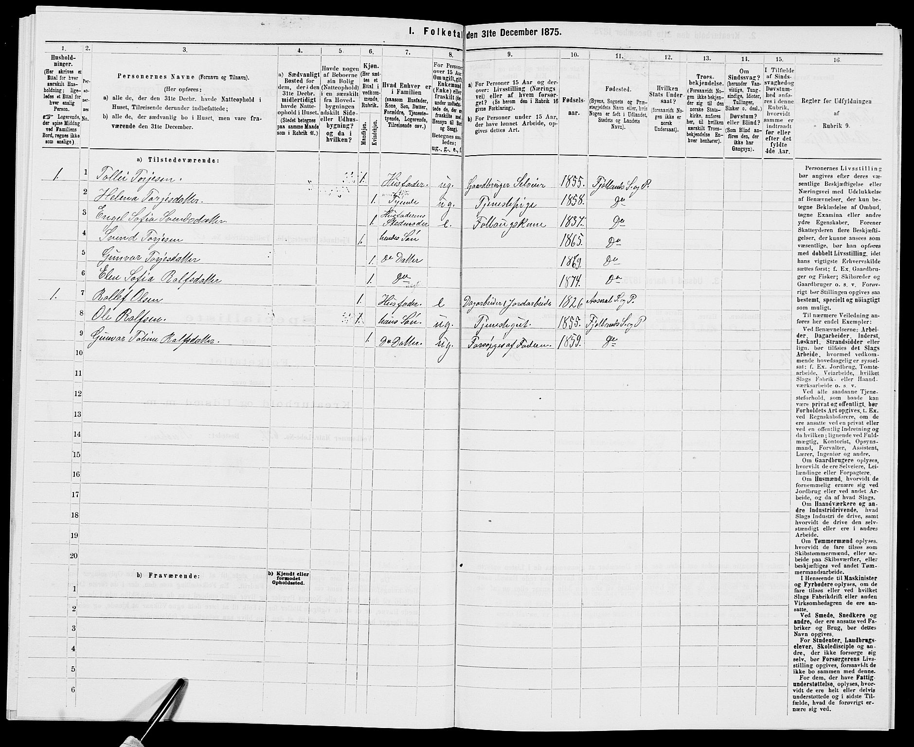 SAK, 1875 census for 1036P Fjotland, 1875, p. 196