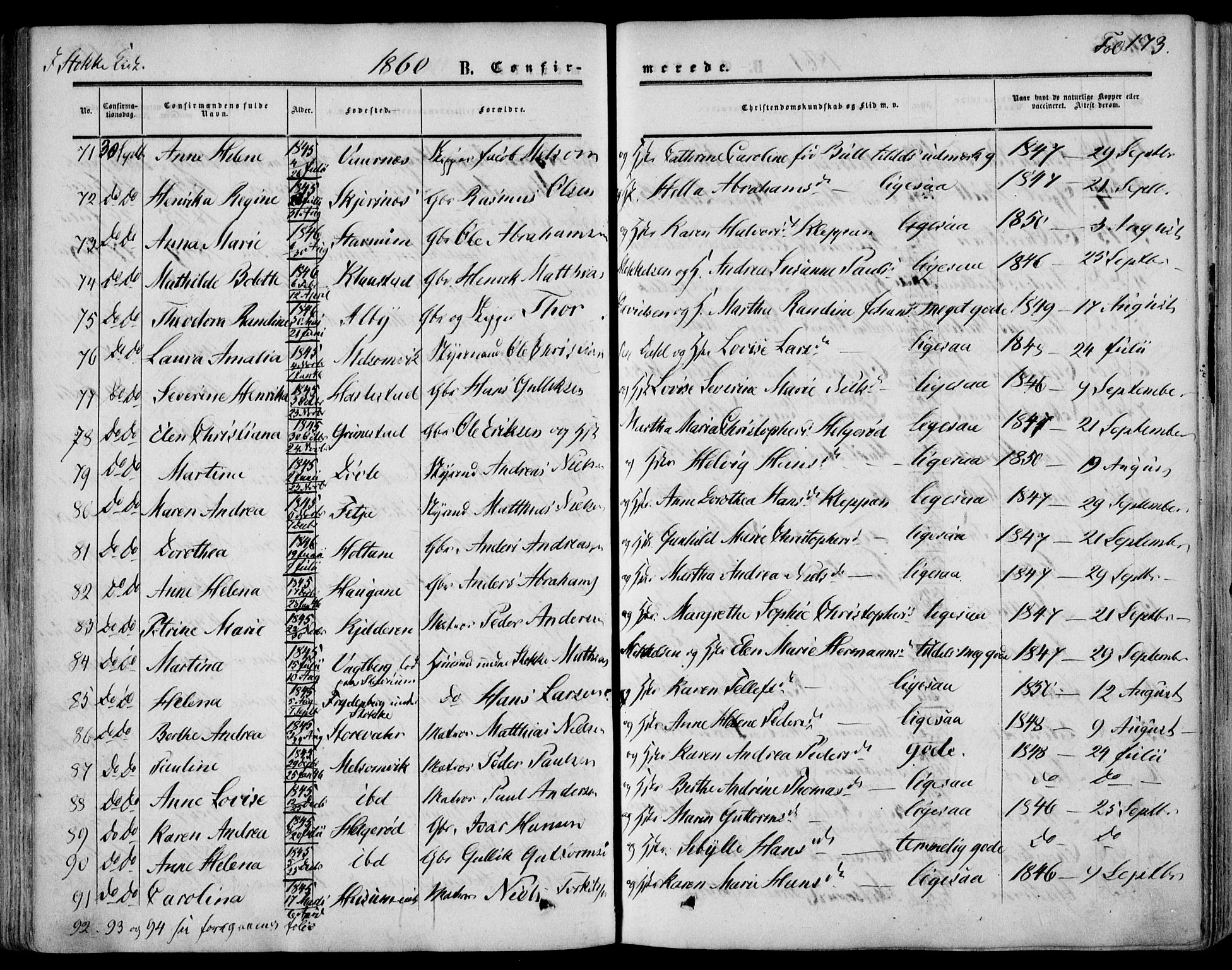 Stokke kirkebøker, AV/SAKO-A-320/F/Fa/L0008: Parish register (official) no. I 8, 1858-1871, p. 173