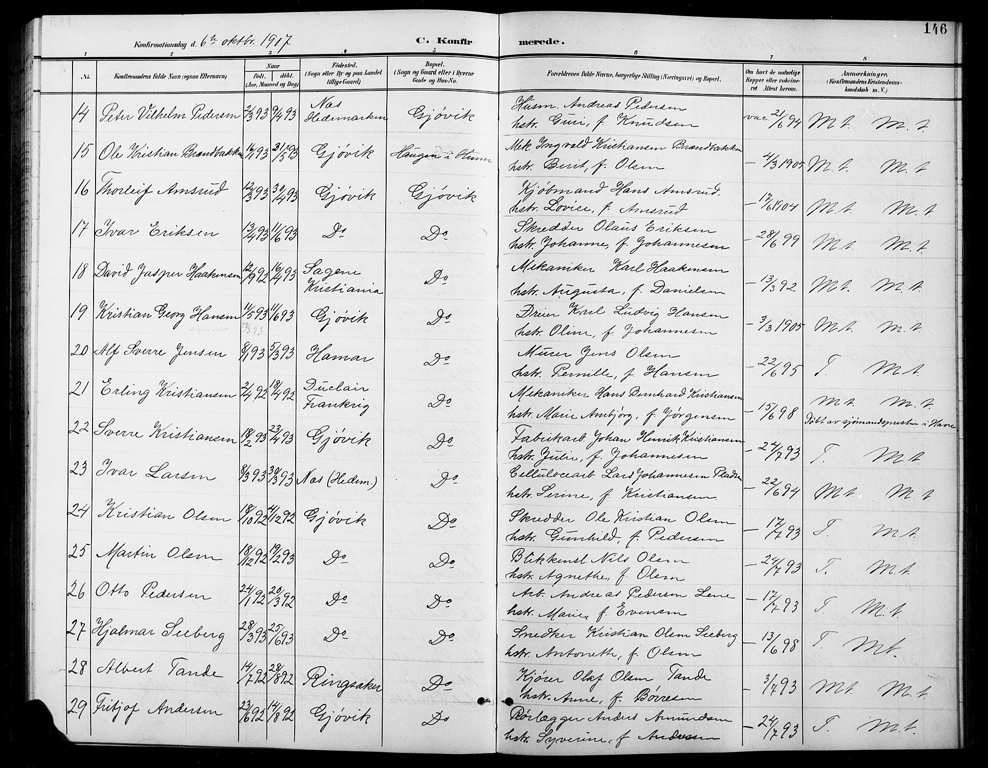 Vardal prestekontor, SAH/PREST-100/H/Ha/Hab/L0012: Parish register (copy) no. 12, 1902-1911, p. 146