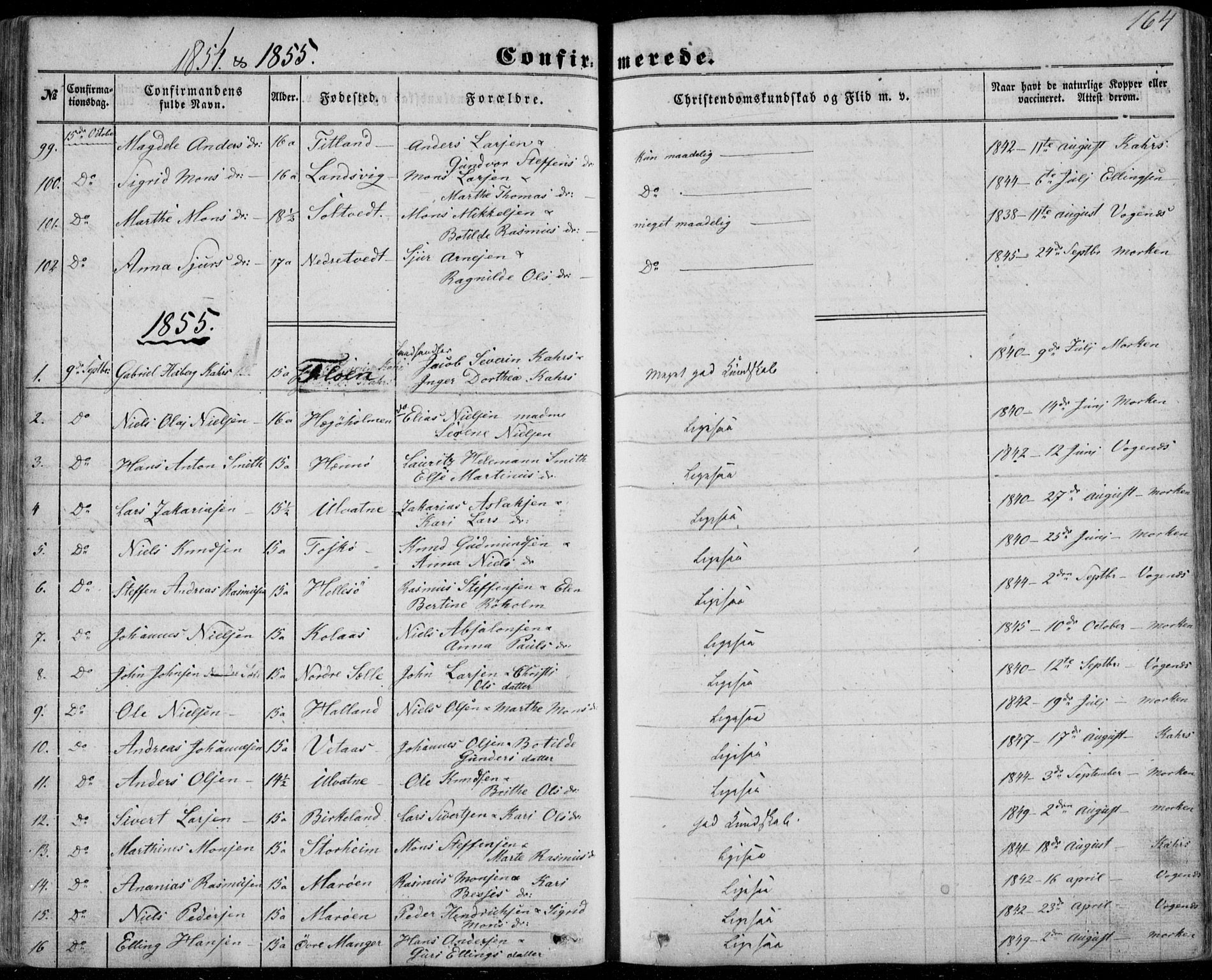 Manger sokneprestembete, SAB/A-76801/H/Haa: Parish register (official) no. A 6, 1849-1859, p. 164