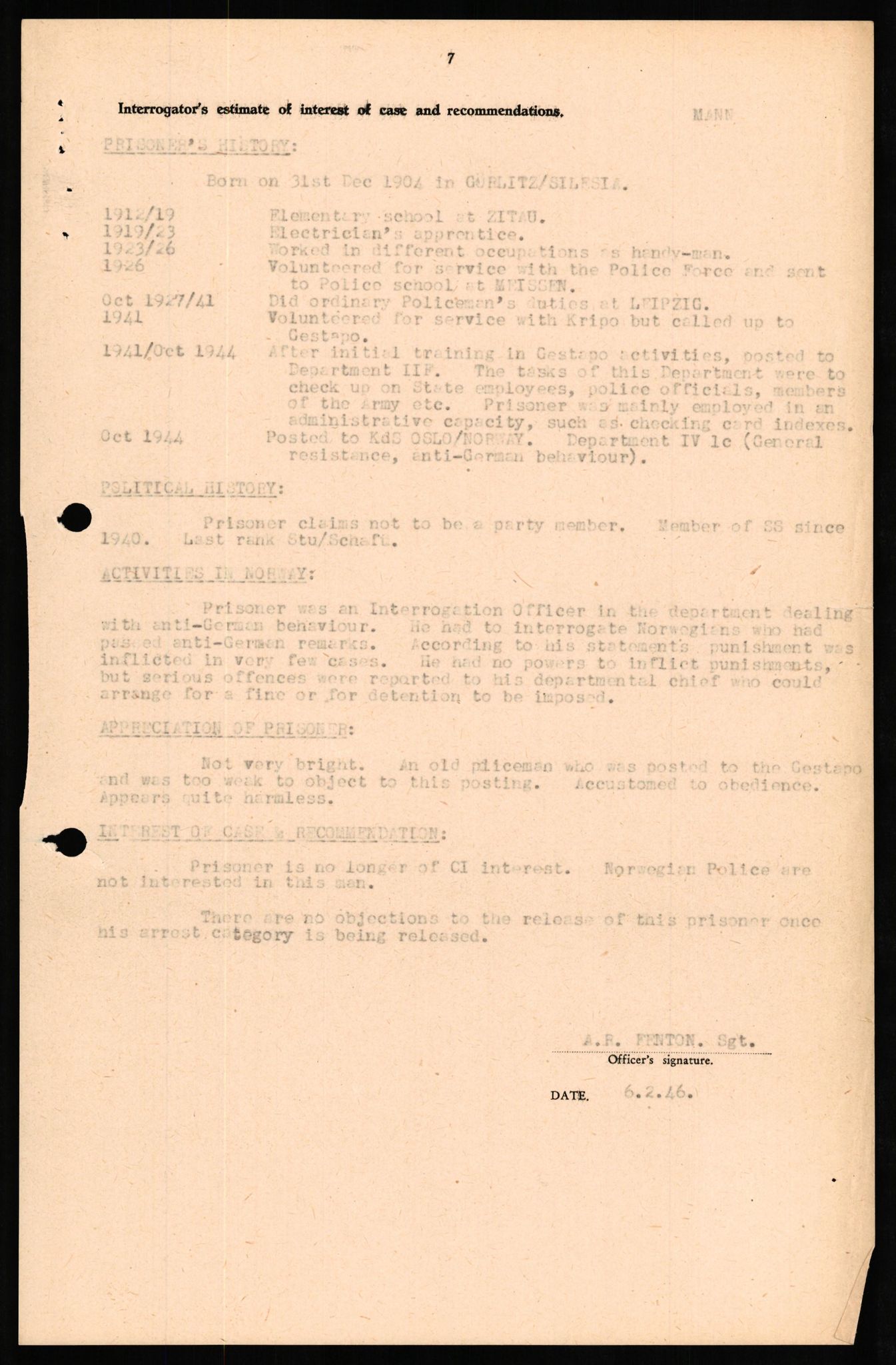 Forsvaret, Forsvarets overkommando II, RA/RAFA-3915/D/Db/L0021: CI Questionaires. Tyske okkupasjonsstyrker i Norge. Tyskere., 1945-1946, p. 128