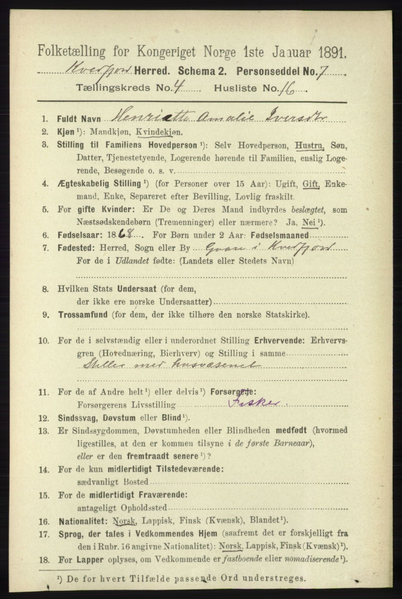 RA, 1891 census for 1911 Kvæfjord, 1891, p. 1990