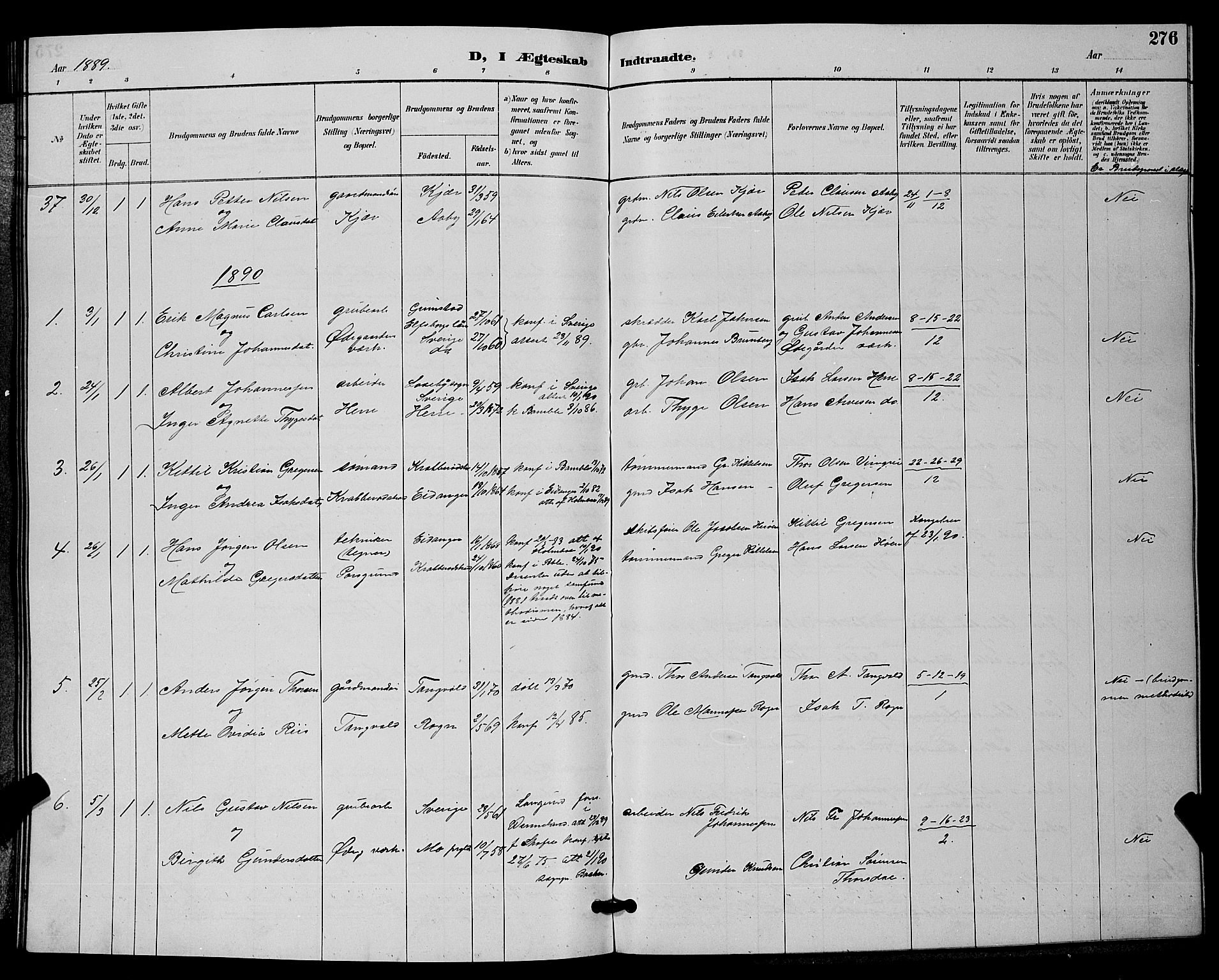 Bamble kirkebøker, AV/SAKO-A-253/G/Ga/L0009: Parish register (copy) no. I 9, 1888-1900, p. 276