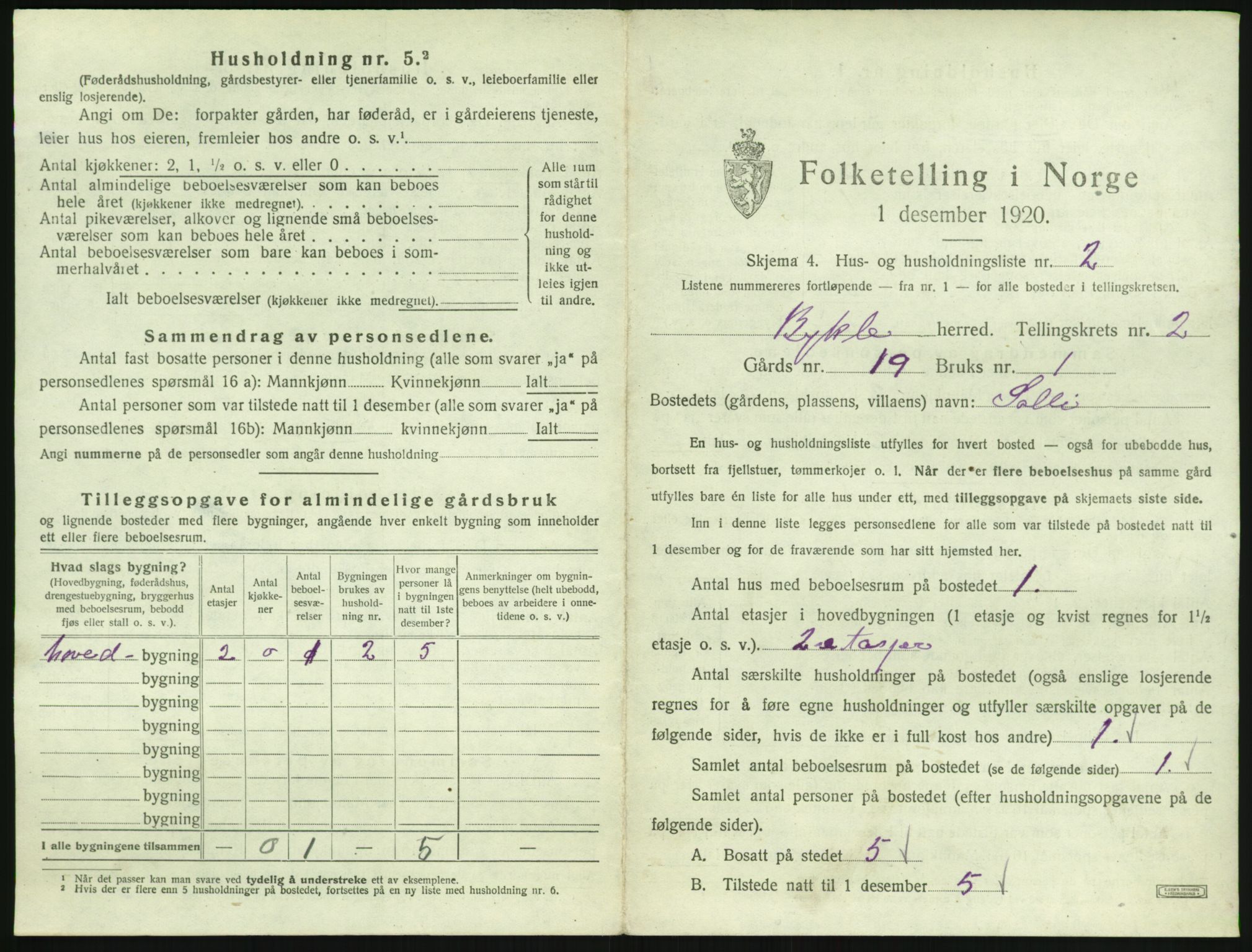 SAK, 1920 census for Bykle, 1920, p. 85
