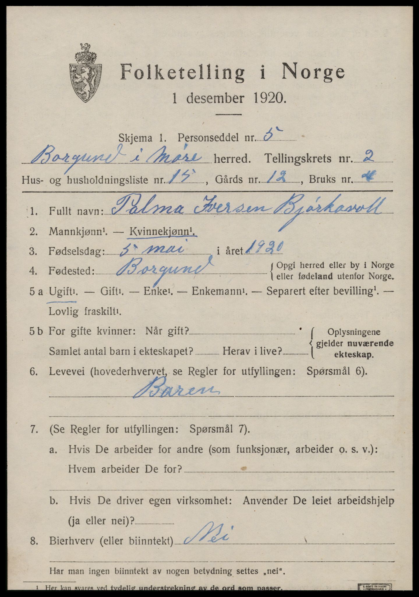 SAT, 1920 census for Borgund, 1920, p. 3310