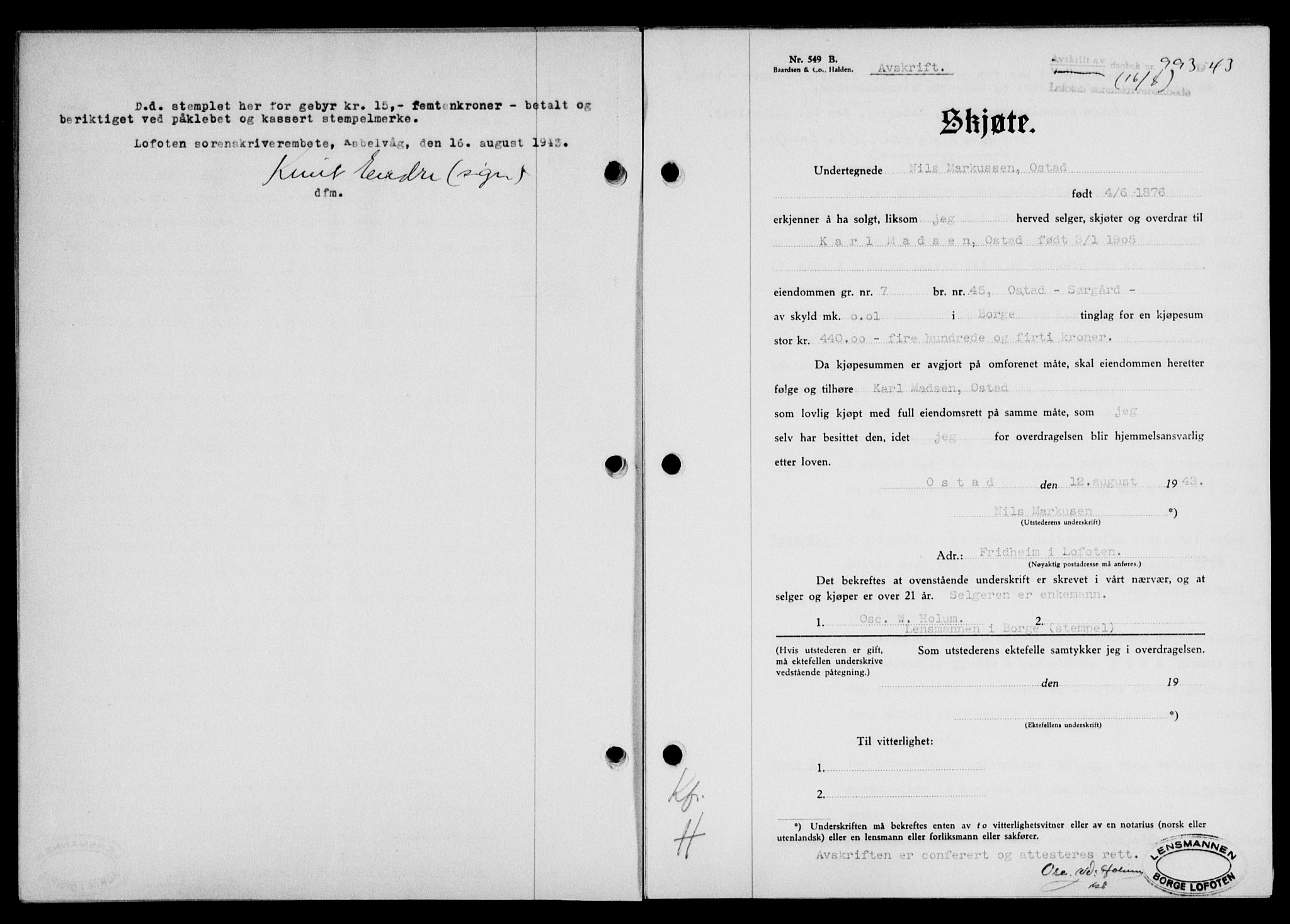 Lofoten sorenskriveri, SAT/A-0017/1/2/2C/L0011a: Mortgage book no. 11a, 1943-1943, Diary no: : 993/1943