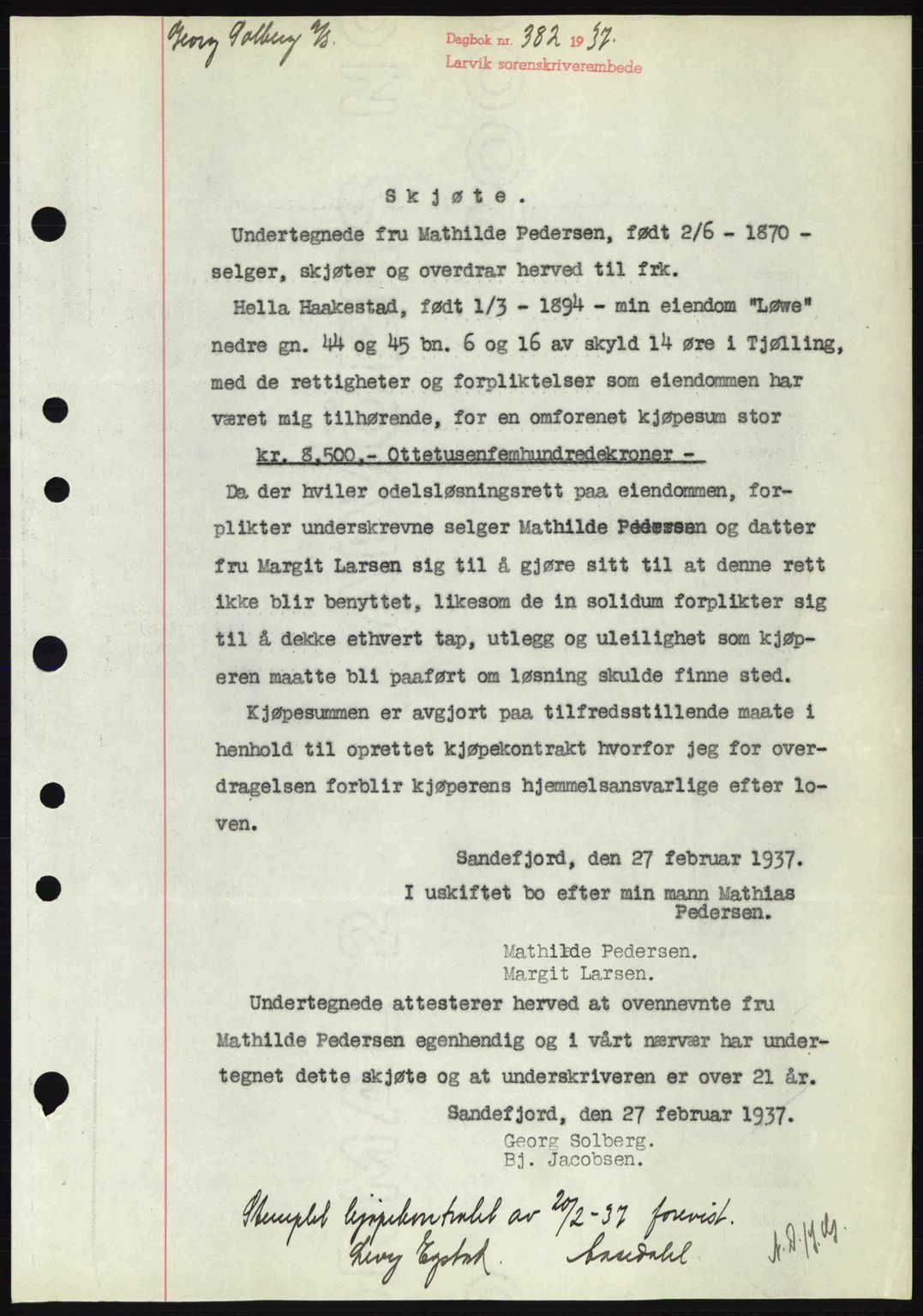 Larvik sorenskriveri, SAKO/A-83/G/Ga/Gab/L0067: Mortgage book no. A-1, 1936-1937, Diary no: : 382/1937