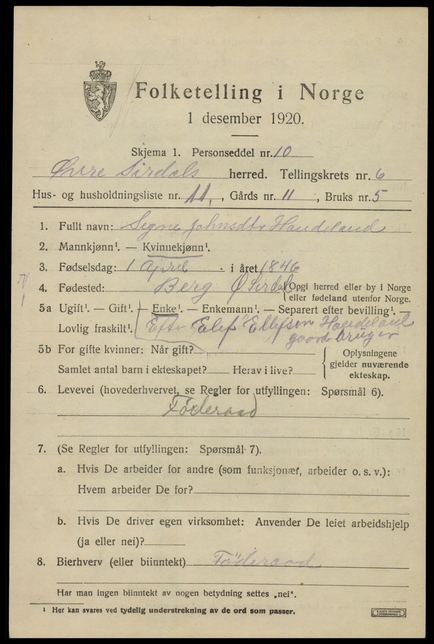 SAK, 1920 census for Øvre Sirdal, 1920, p. 1177