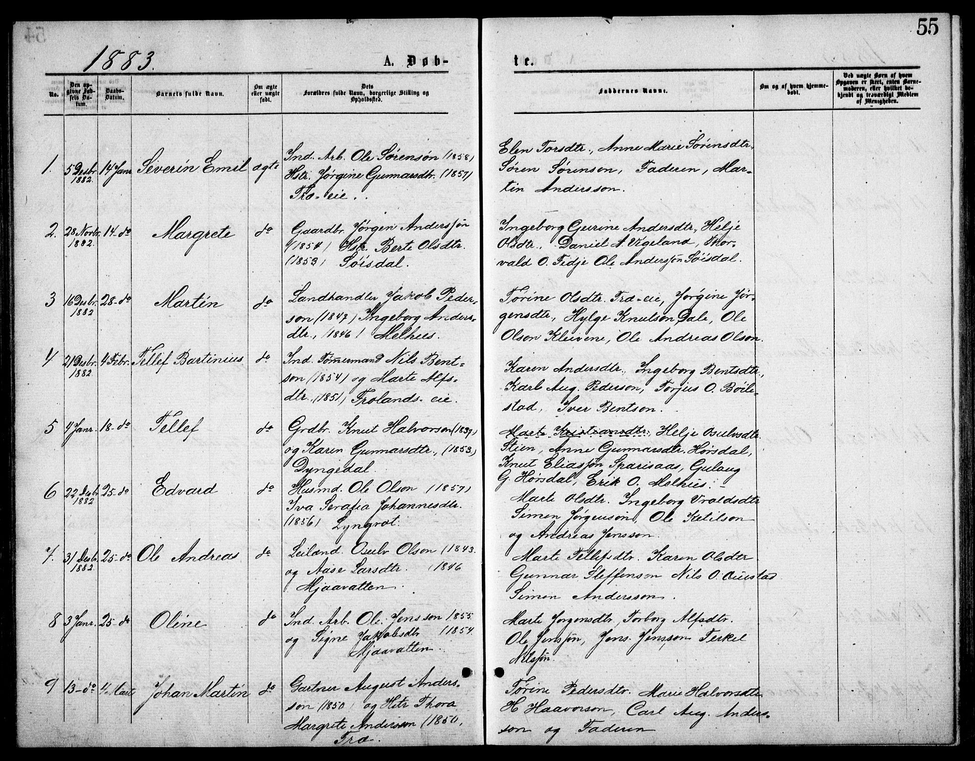 Froland sokneprestkontor, SAK/1111-0013/F/Fb/L0009: Parish register (copy) no. B 9, 1875-1893, p. 55