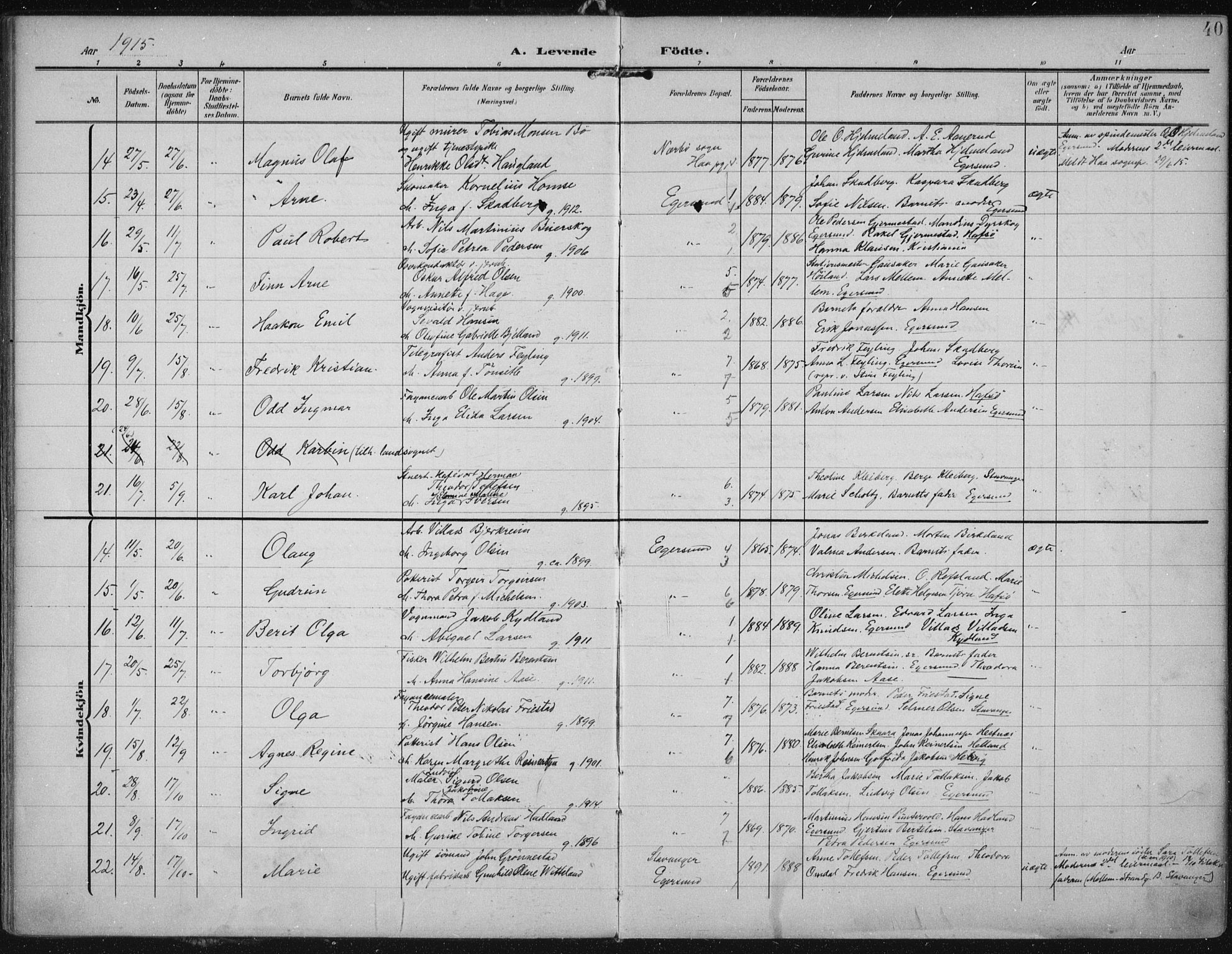 Eigersund sokneprestkontor, AV/SAST-A-101807/S08/L0022: Parish register (official) no. A 21, 1905-1928, p. 40
