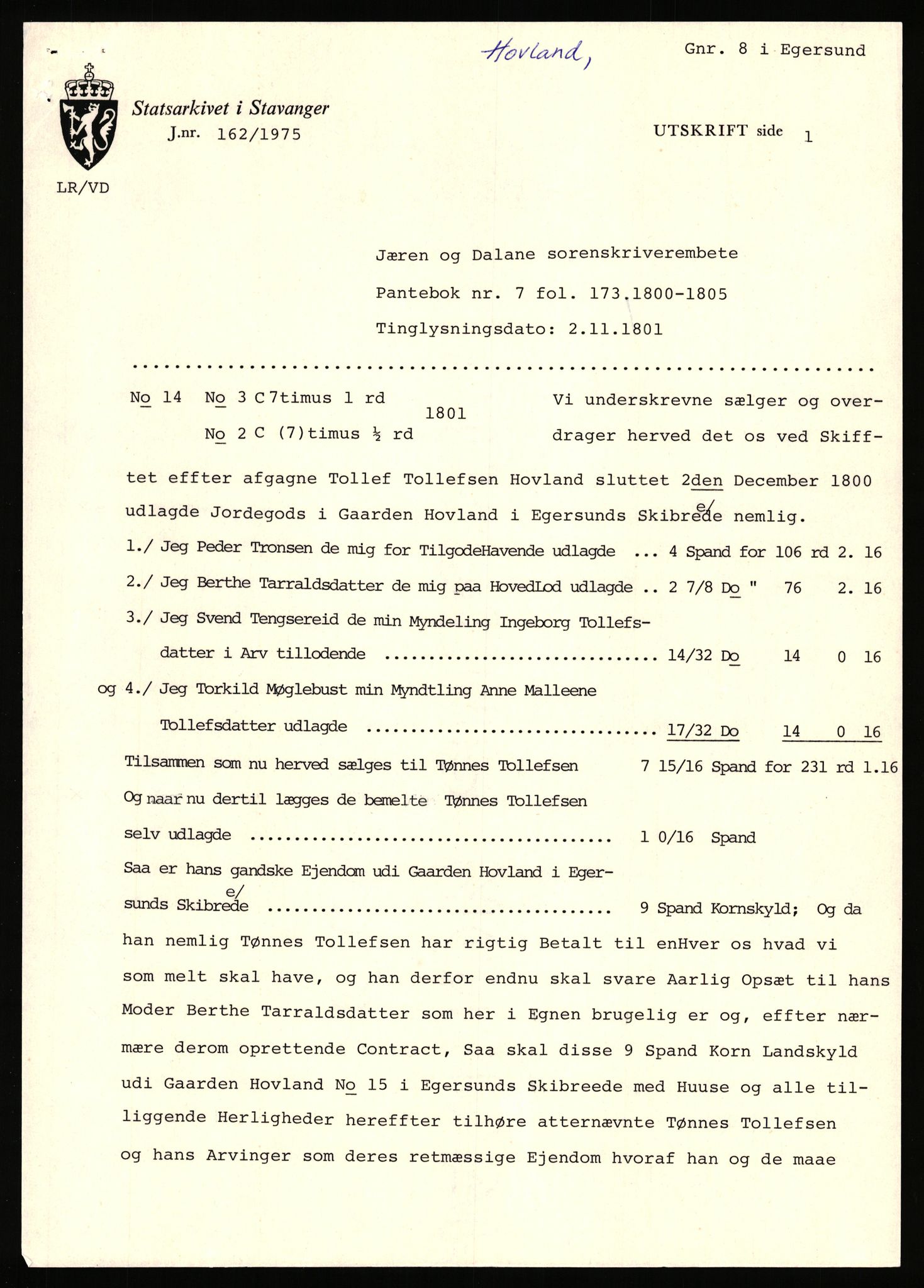 Statsarkivet i Stavanger, AV/SAST-A-101971/03/Y/Yj/L0040: Avskrifter sortert etter gårdnavn: Hovland i Egersun - Hustveit, 1750-1930, p. 2