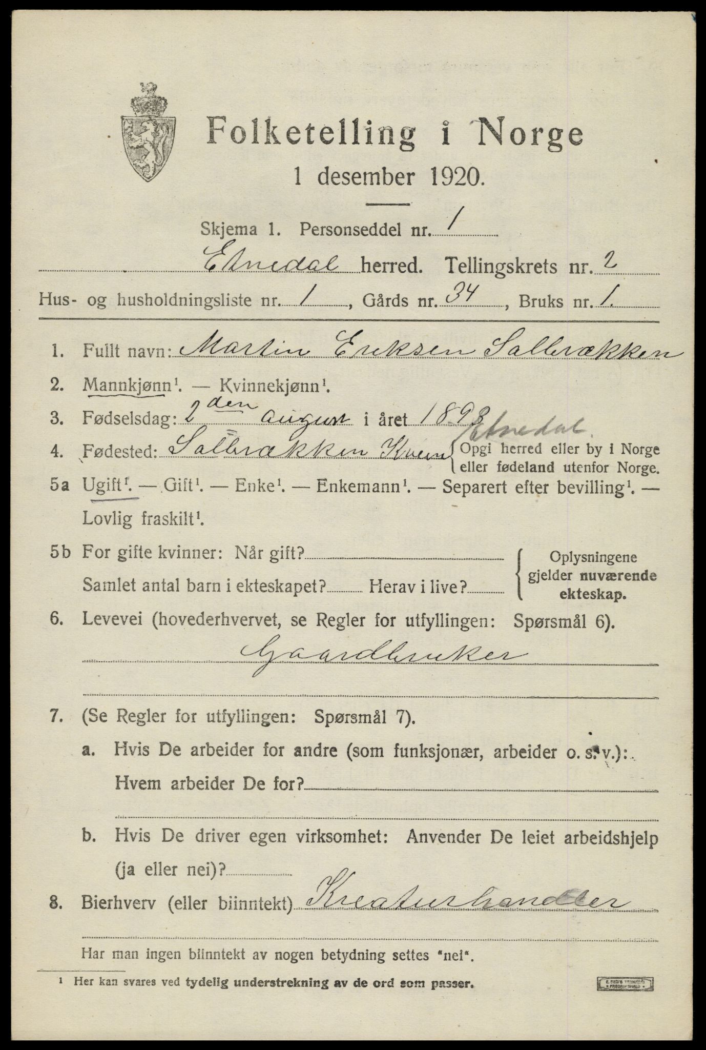 SAH, 1920 census for Etnedal, 1920, p. 1046