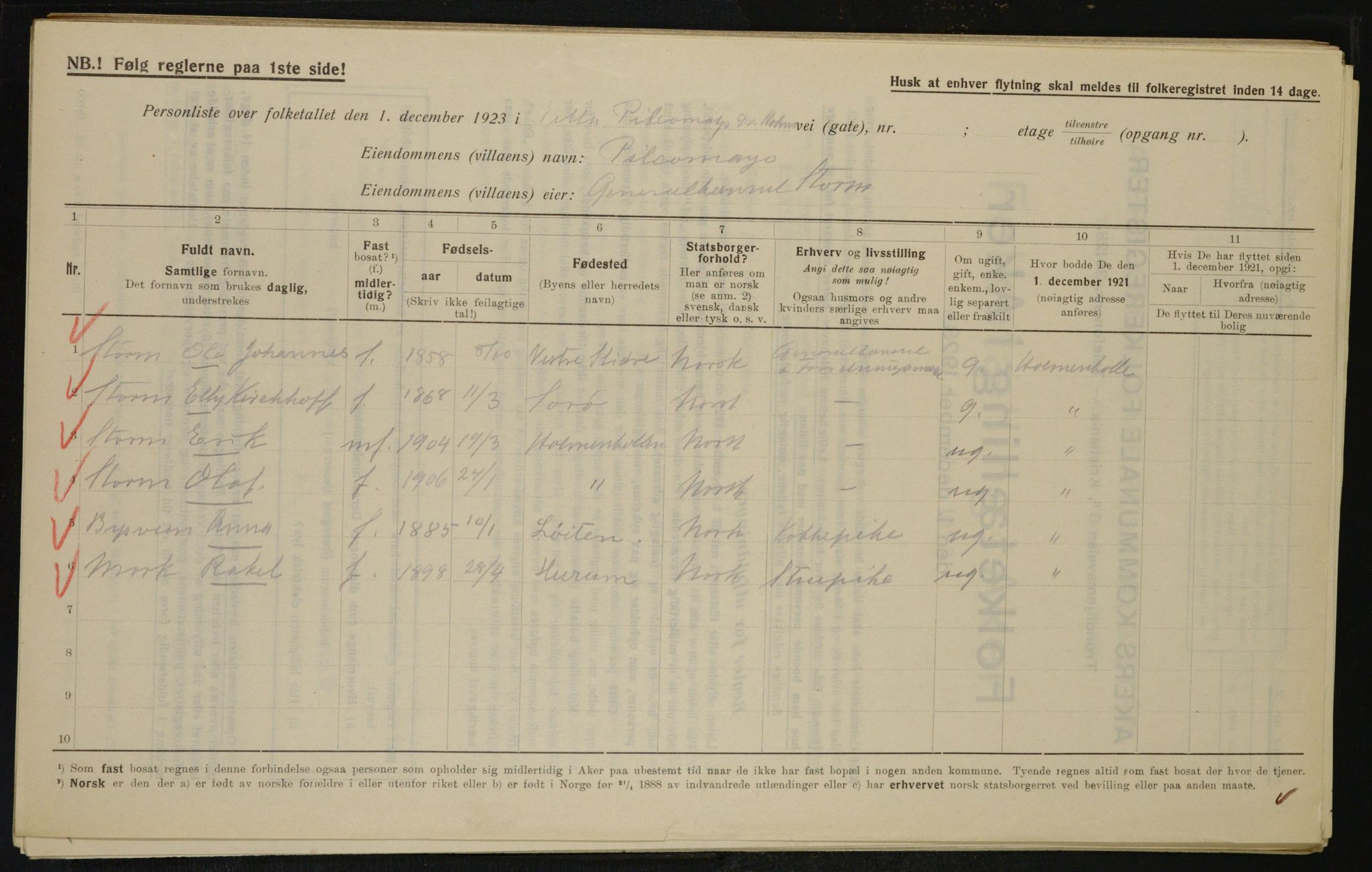 , Municipal Census 1923 for Aker, 1923, p. 11642