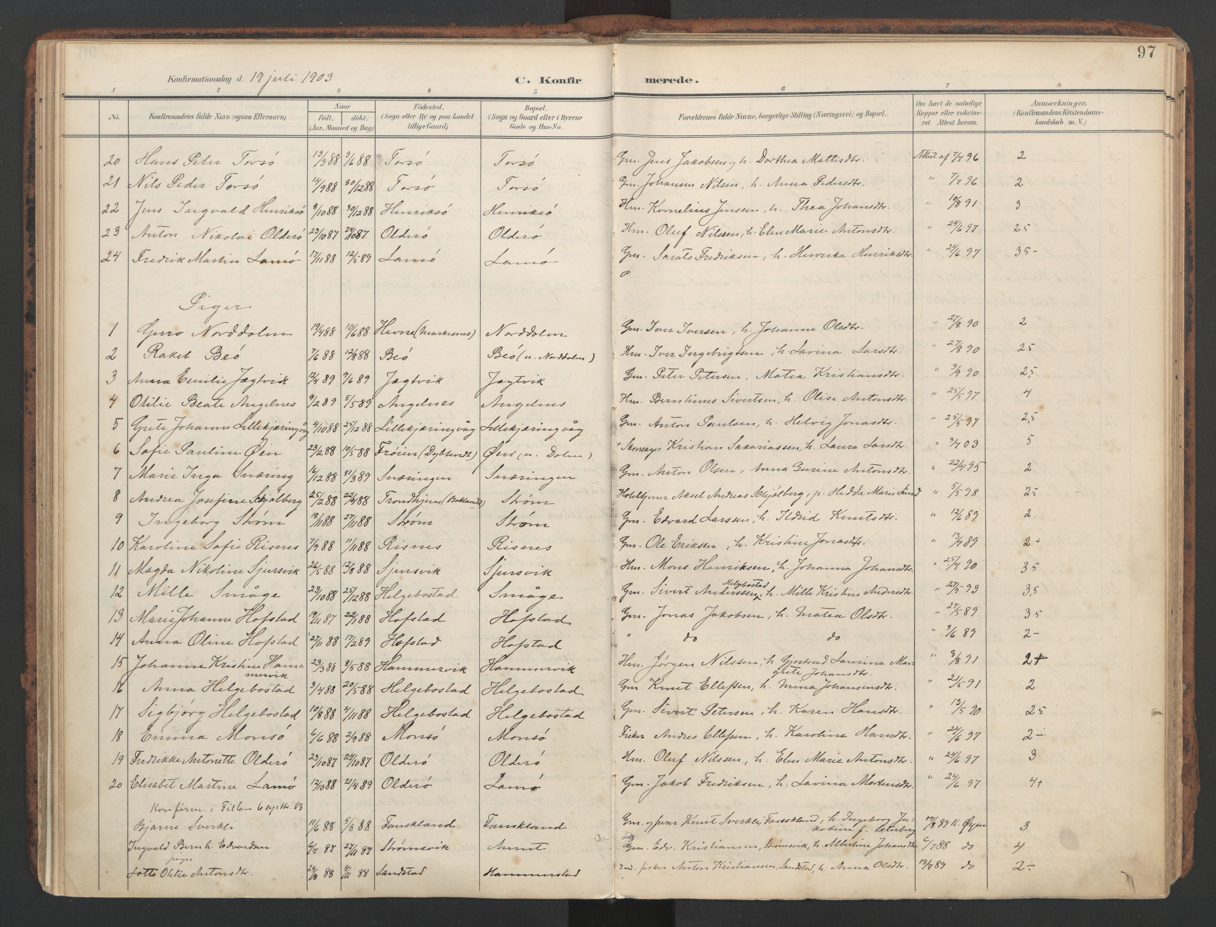 Ministerialprotokoller, klokkerbøker og fødselsregistre - Sør-Trøndelag, SAT/A-1456/634/L0537: Parish register (official) no. 634A13, 1896-1922, p. 97