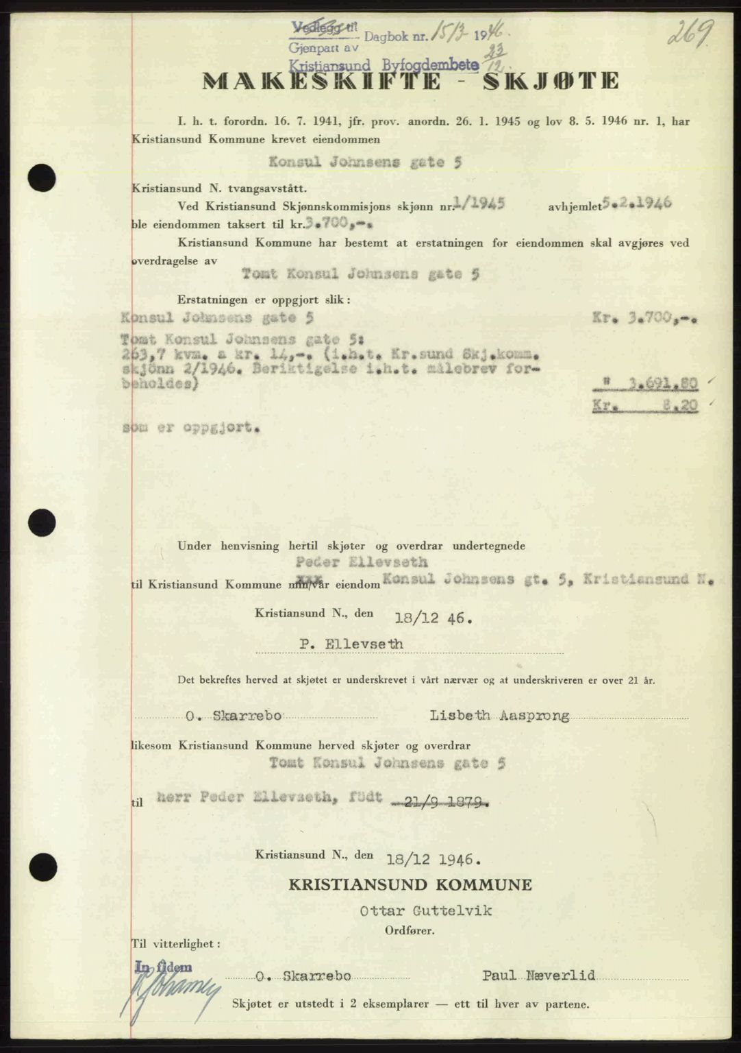 Kristiansund byfogd, AV/SAT-A-4587/A/27: Mortgage book no. 39b, 1946-1947, Diary no: : 1513/1946