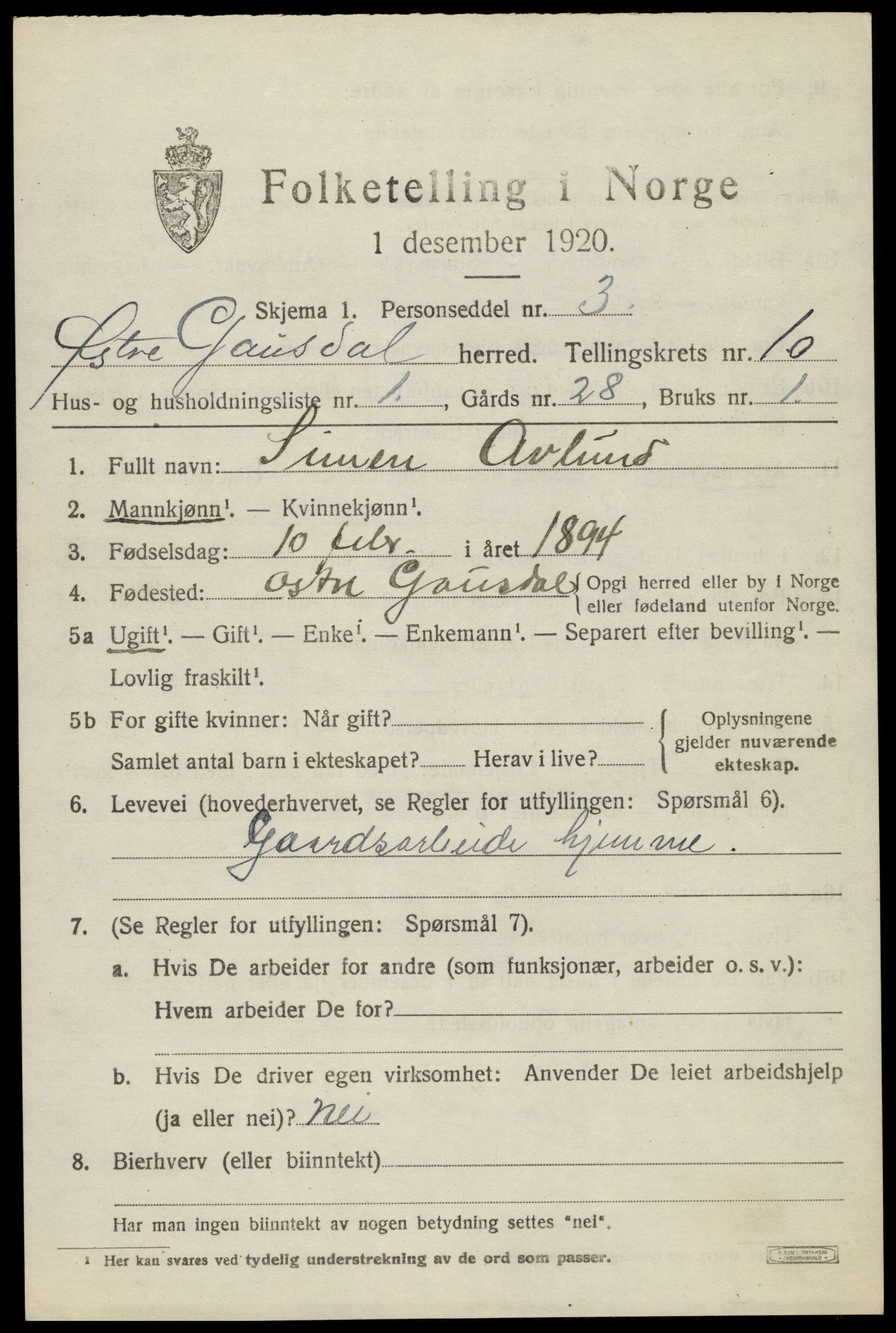 SAH, 1920 census for Østre Gausdal, 1920, p. 5382