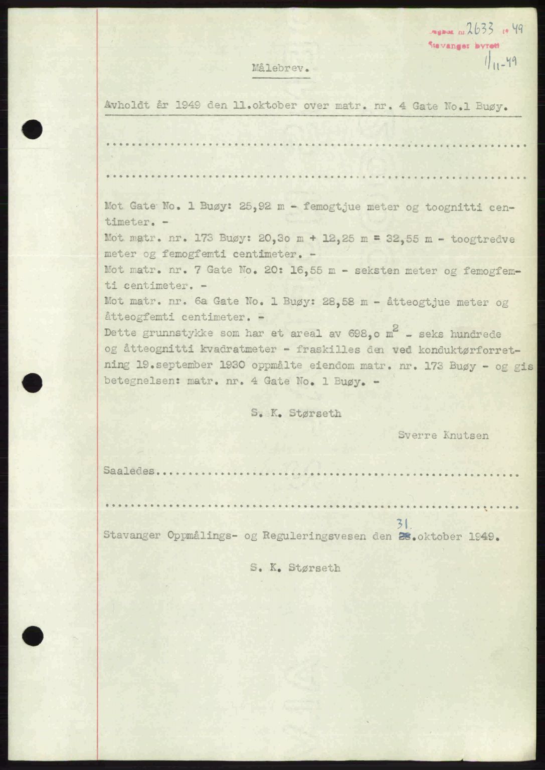 Stavanger byrett, SAST/A-100455/002/G/Gb/L0023: Mortgage book no. A12, 1948-1949, Diary no: : 2633/1949