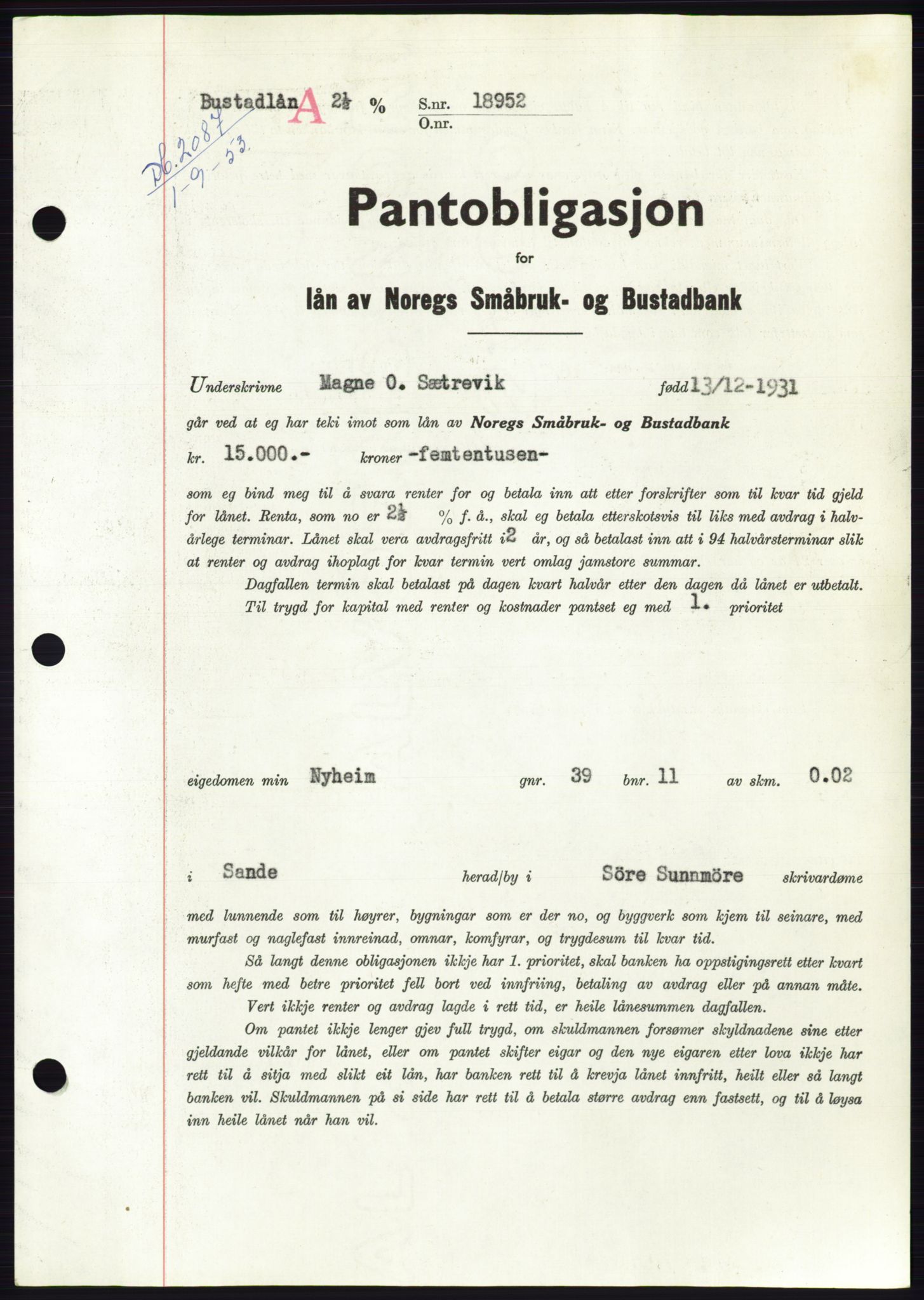 Søre Sunnmøre sorenskriveri, AV/SAT-A-4122/1/2/2C/L0123: Mortgage book no. 11B, 1953-1953, Diary no: : 2087/1953