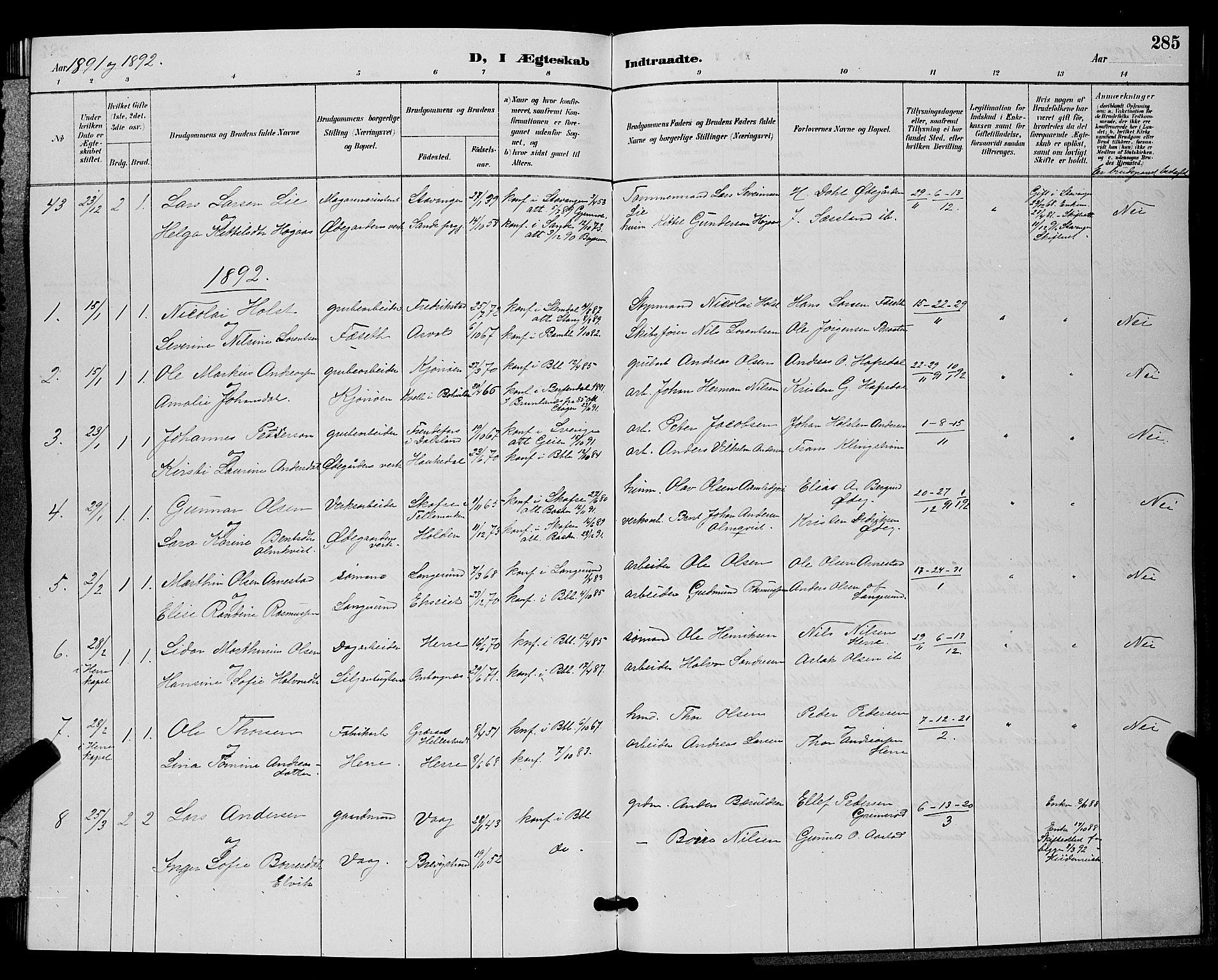 Bamble kirkebøker, AV/SAKO-A-253/G/Ga/L0009: Parish register (copy) no. I 9, 1888-1900, p. 285