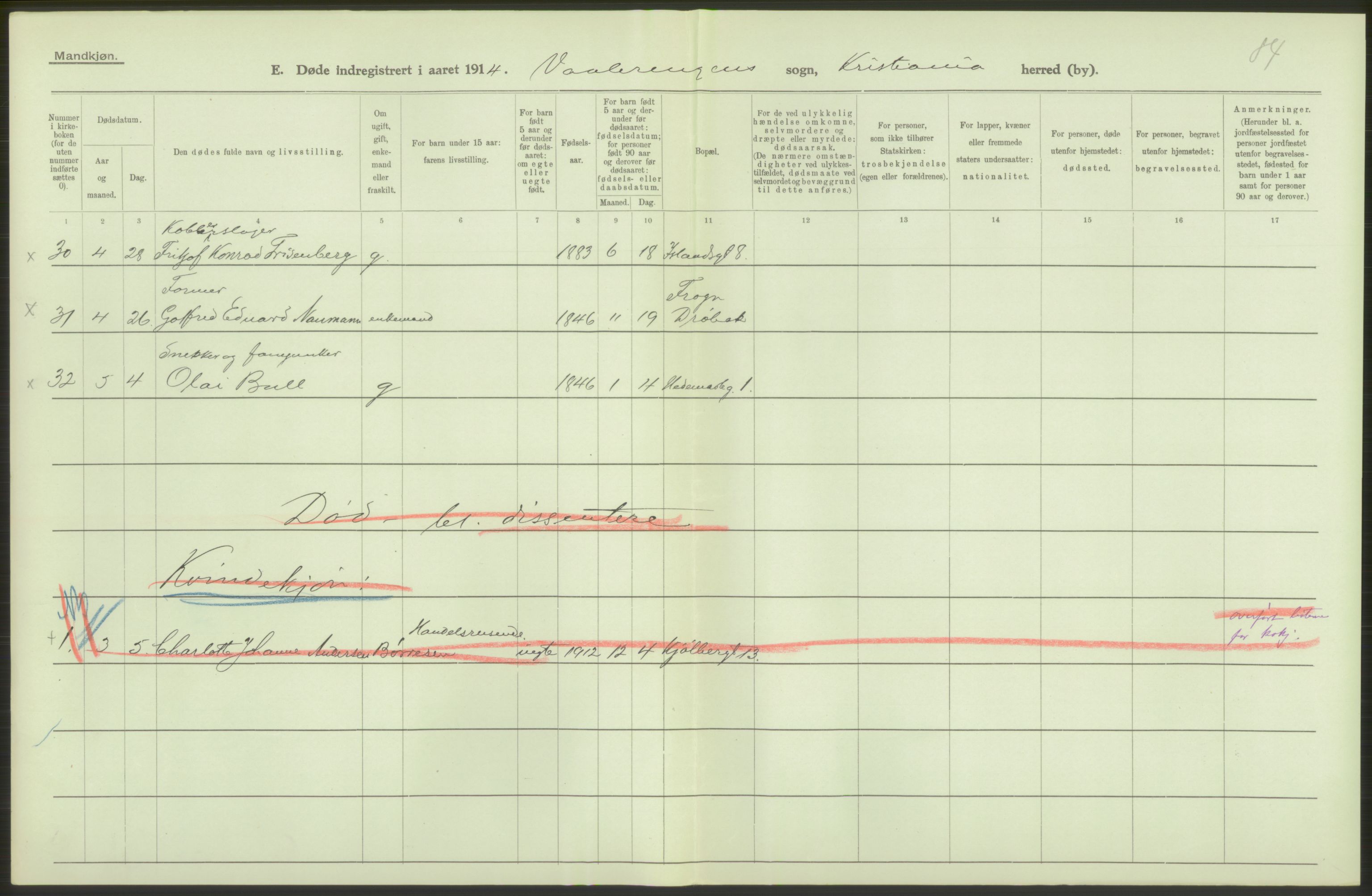 Statistisk sentralbyrå, Sosiodemografiske emner, Befolkning, AV/RA-S-2228/D/Df/Dfb/Dfbd/L0008: Kristiania: Døde, 1914, p. 178