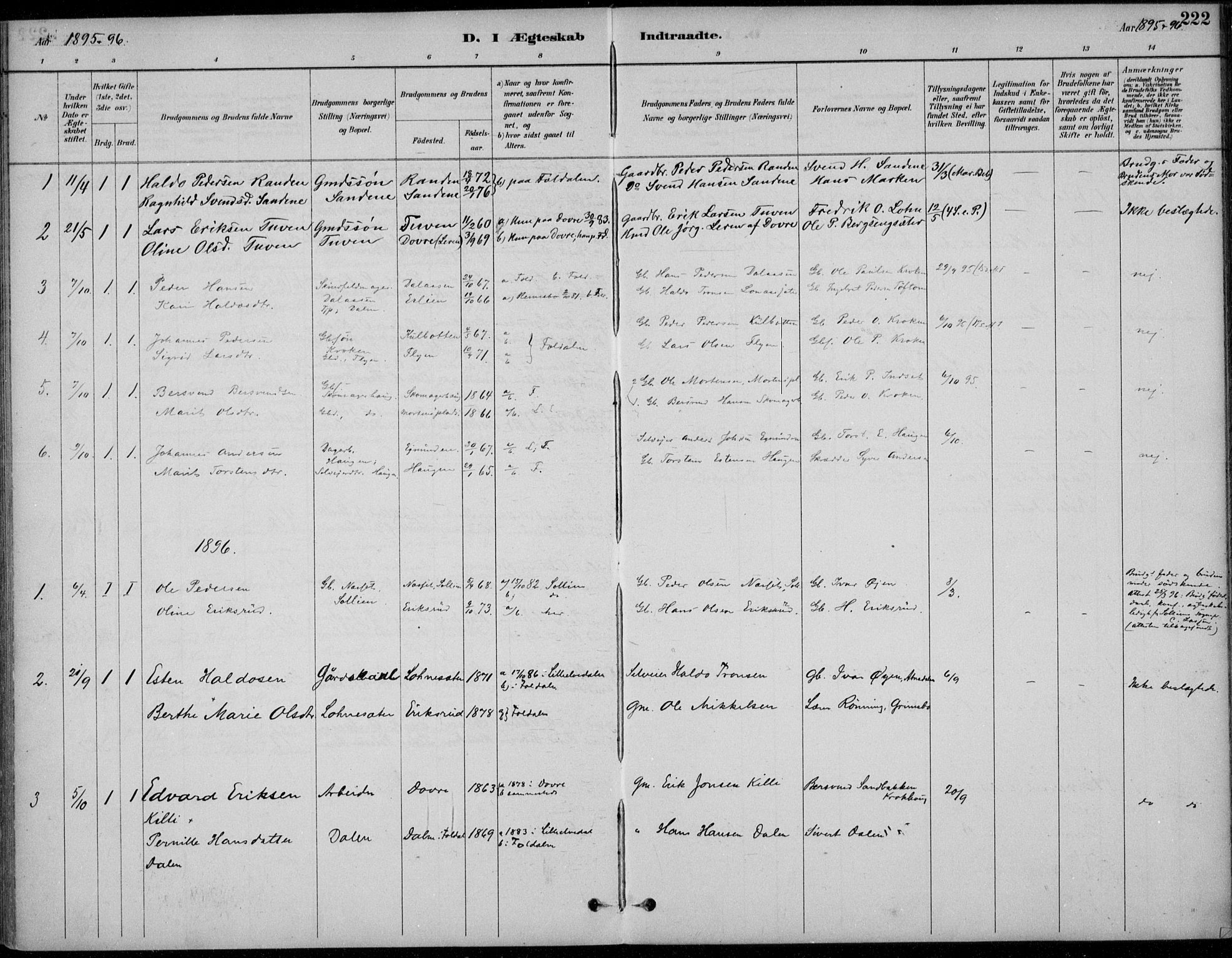 Alvdal prestekontor, SAH/PREST-060/H/Ha/Haa/L0003: Parish register (official) no. 3, 1886-1912, p. 222