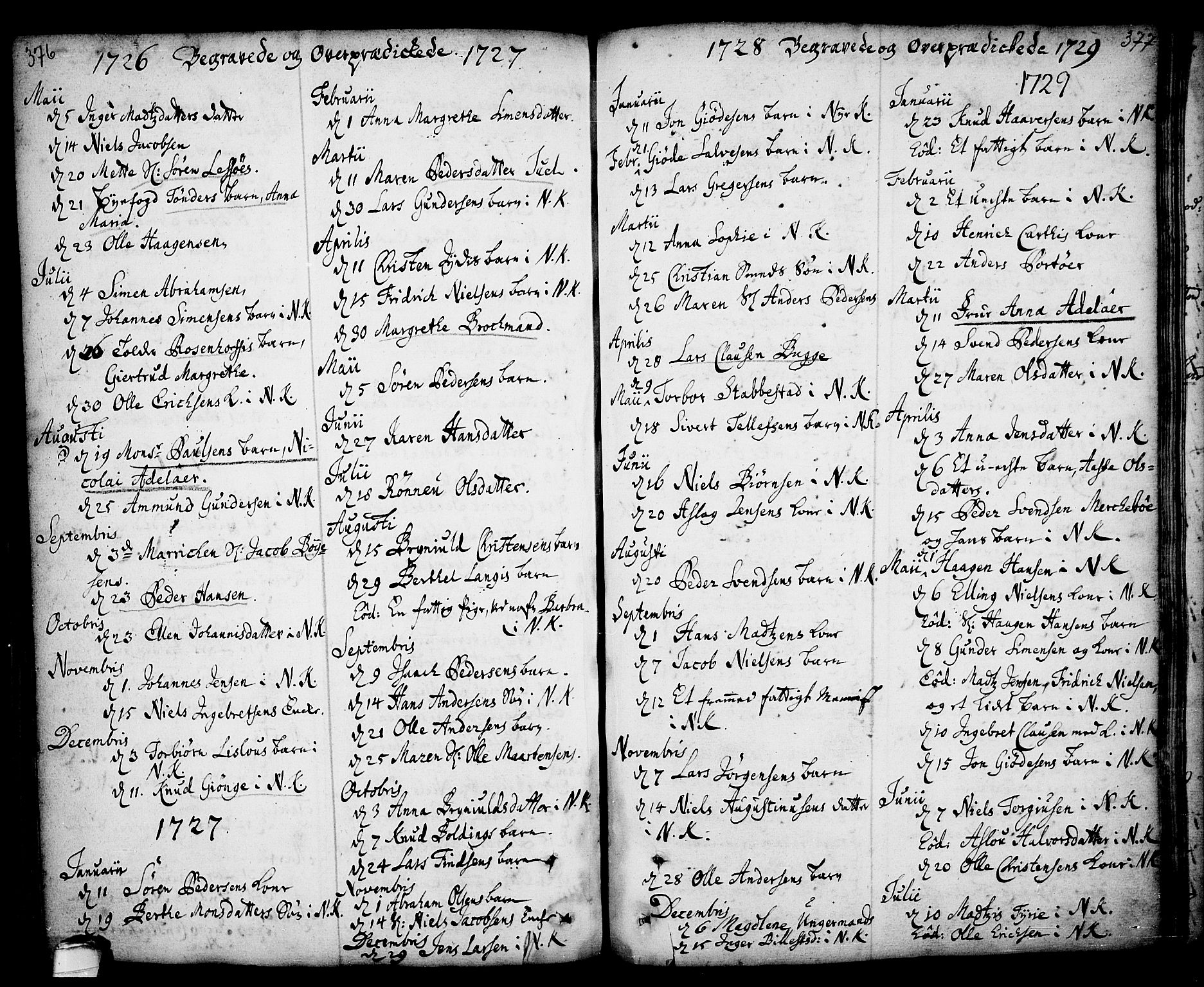 Kragerø kirkebøker, AV/SAKO-A-278/F/Fa/L0001: Parish register (official) no. 1, 1702-1766, p. 376-377