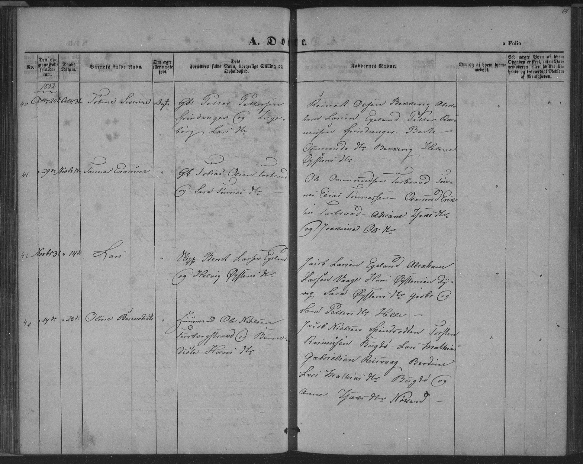 Herad sokneprestkontor, SAK/1111-0018/F/Fa/Fab/L0003: Parish register (official) no. A 3, 1844-1853, p. 64