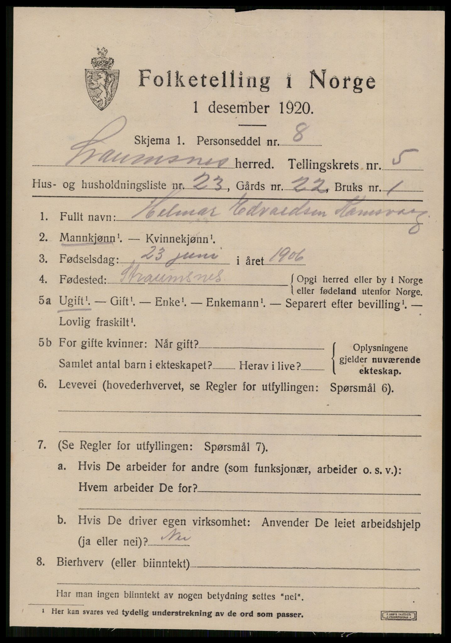 SAT, 1920 census for Straumsnes, 1920, p. 2241