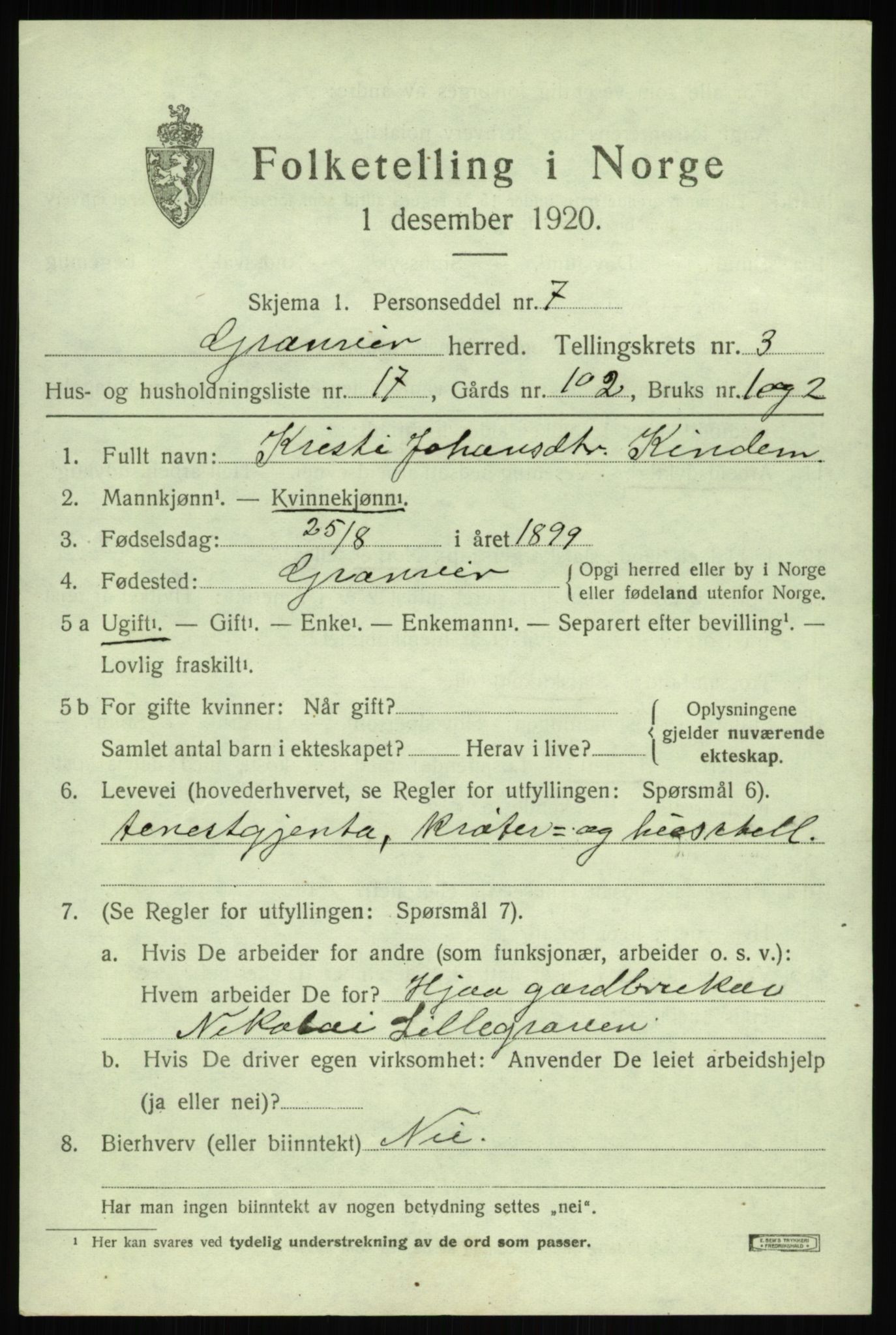 SAB, 1920 census for Granvin, 1920, p. 1326