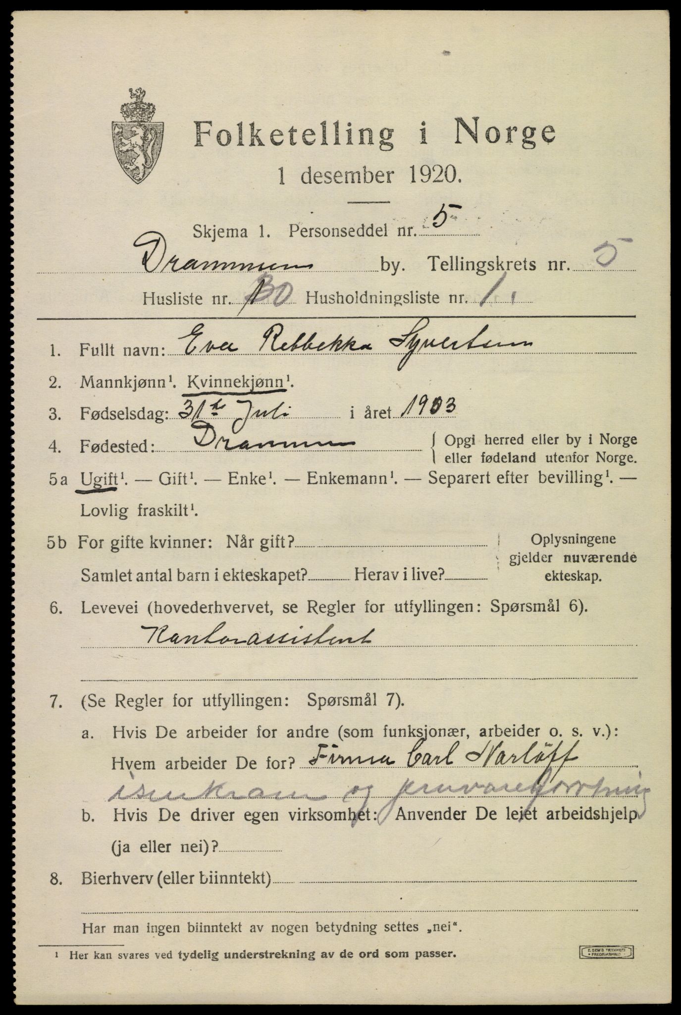 SAKO, 1920 census for Drammen, 1920, p. 36767