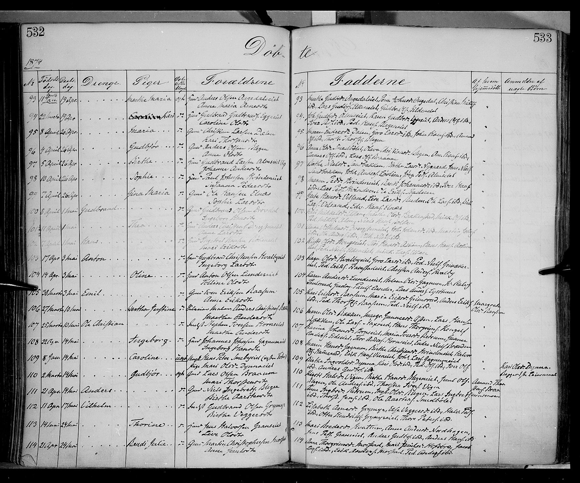 Gran prestekontor, SAH/PREST-112/H/Ha/Haa/L0012: Parish register (official) no. 12, 1856-1874, p. 532-533