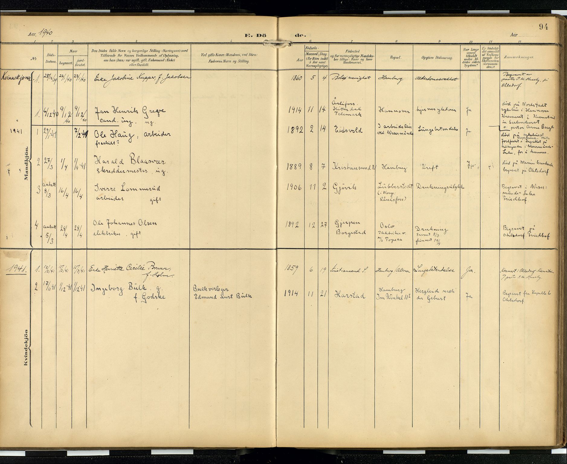 Den norske sjømannsmisjon i utlandet/Hamburg, AV/SAB-SAB/PA-0107/H/Ha/L0001: Parish register (official) no. A 1, 1907-1951, p. 93b-94a