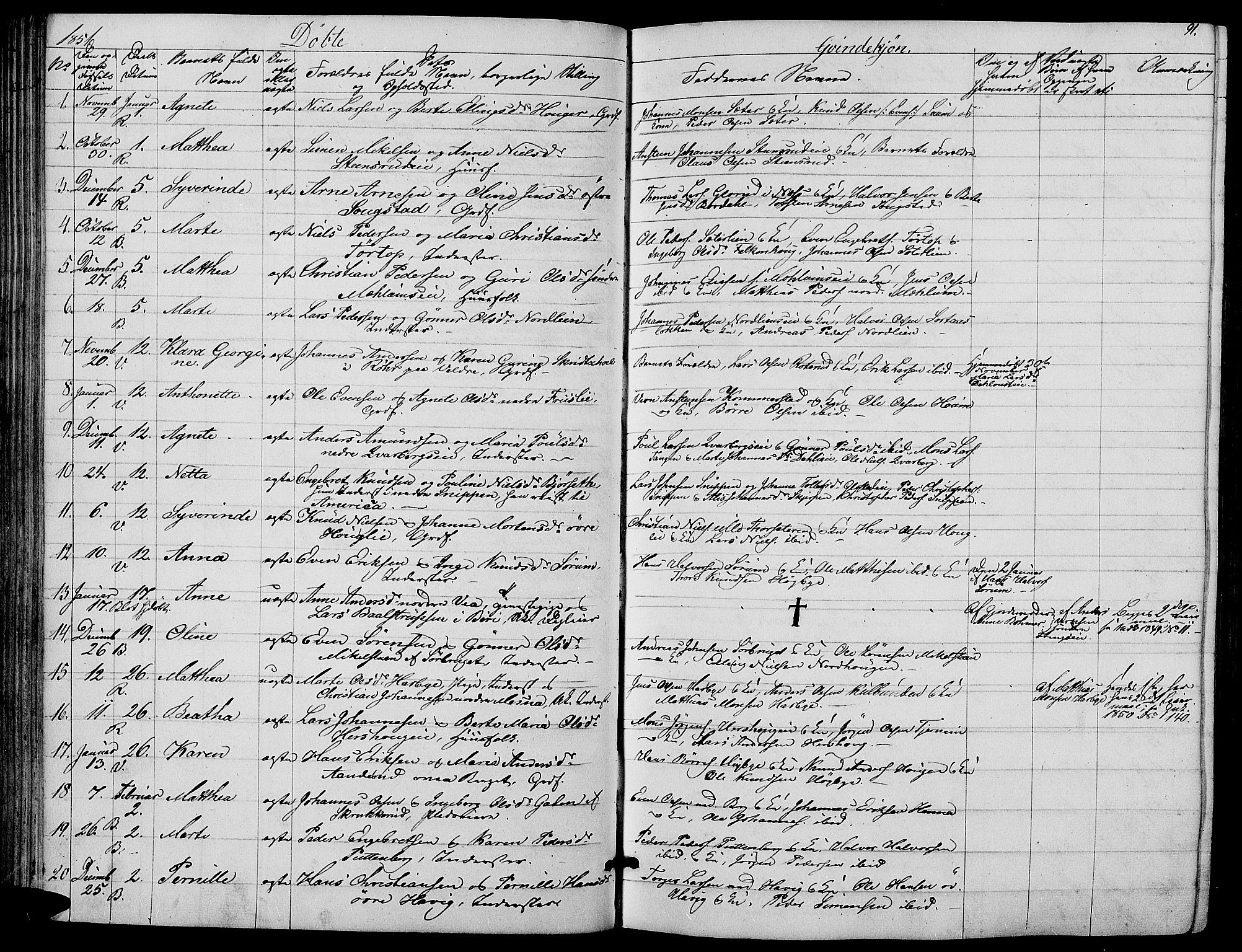Ringsaker prestekontor, SAH/PREST-014/L/La/L0006: Parish register (copy) no. 6, 1851-1860, p. 91