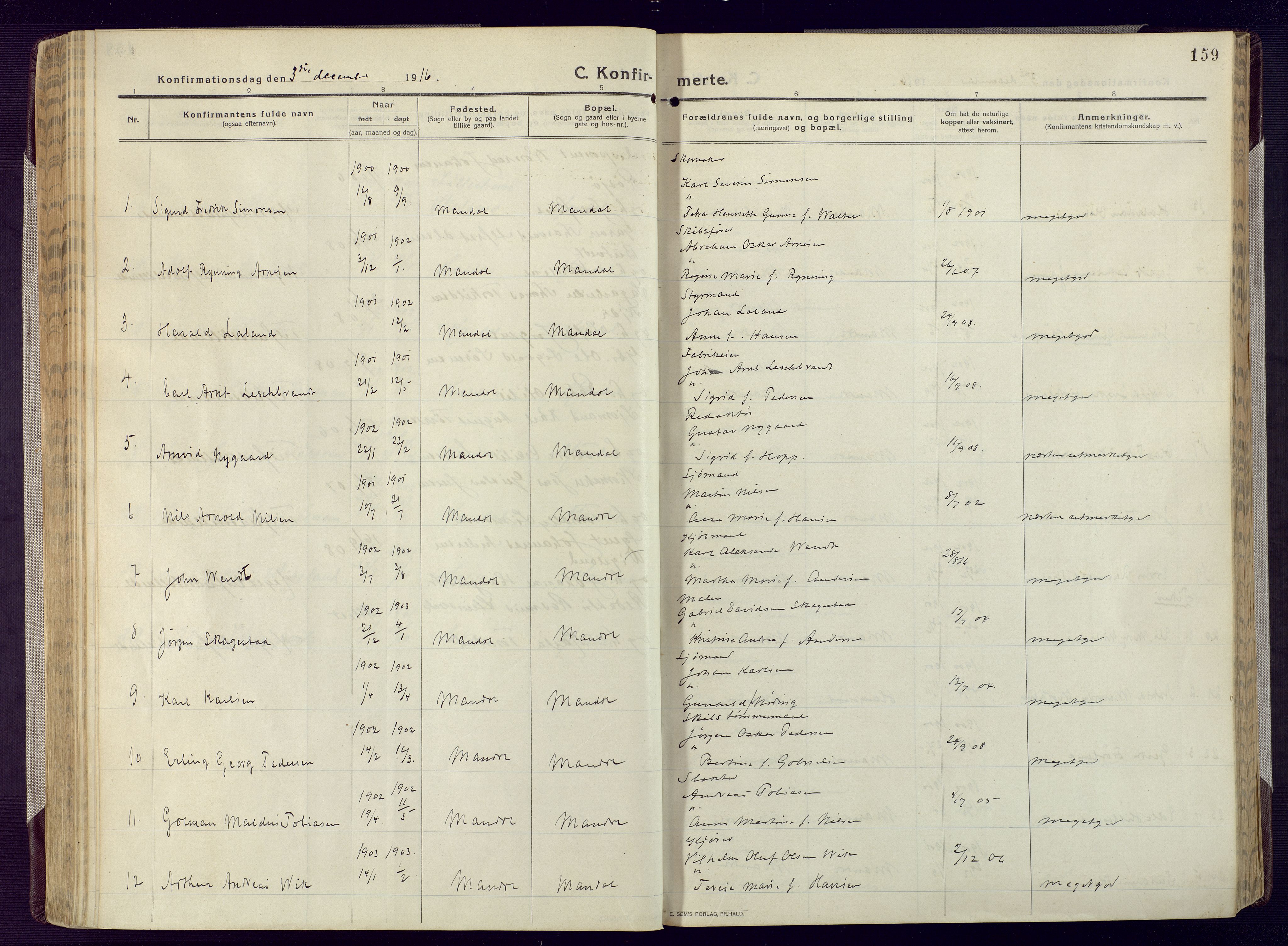 Mandal sokneprestkontor, AV/SAK-1111-0030/F/Fa/Fac/L0001: Parish register (official) no. A 1, 1913-1925, p. 159