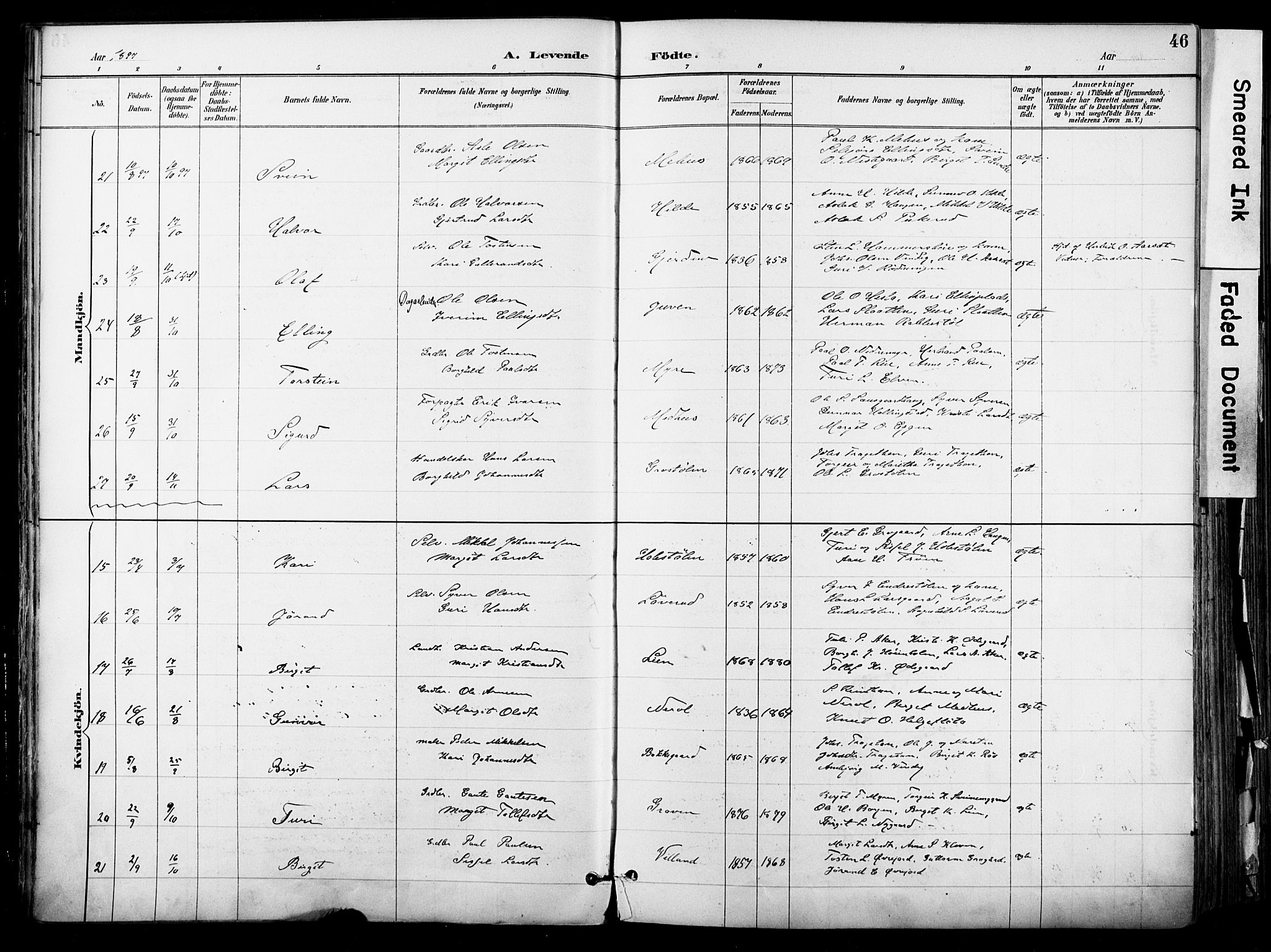 Hol kirkebøker, AV/SAKO-A-227/F/Fa/L0003: Parish register (official) no. I 3, 1887-1918, p. 46