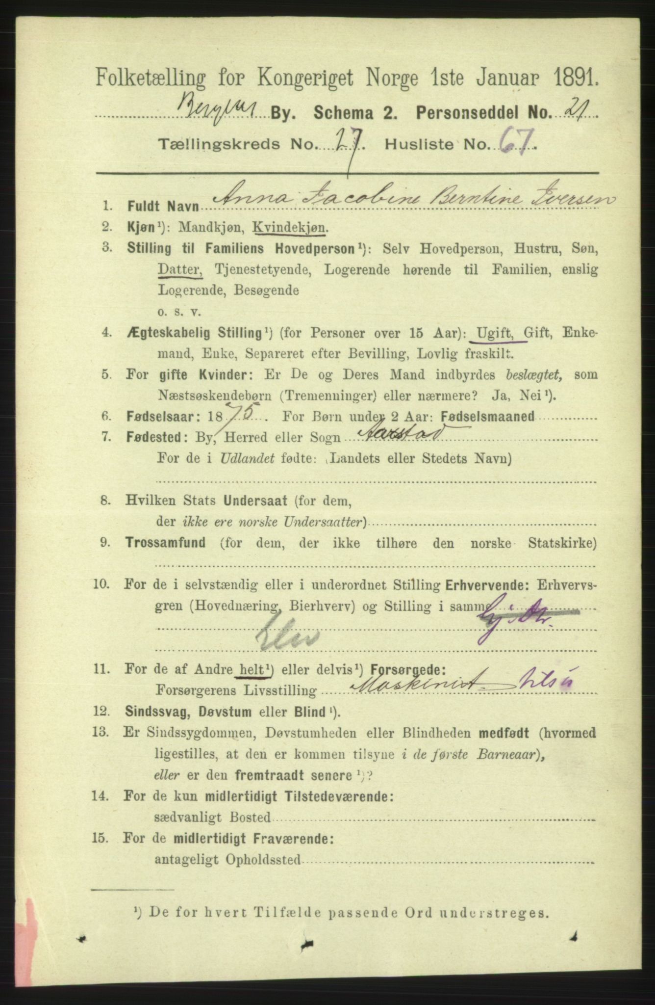 RA, 1891 Census for 1301 Bergen, 1891, p. 36337