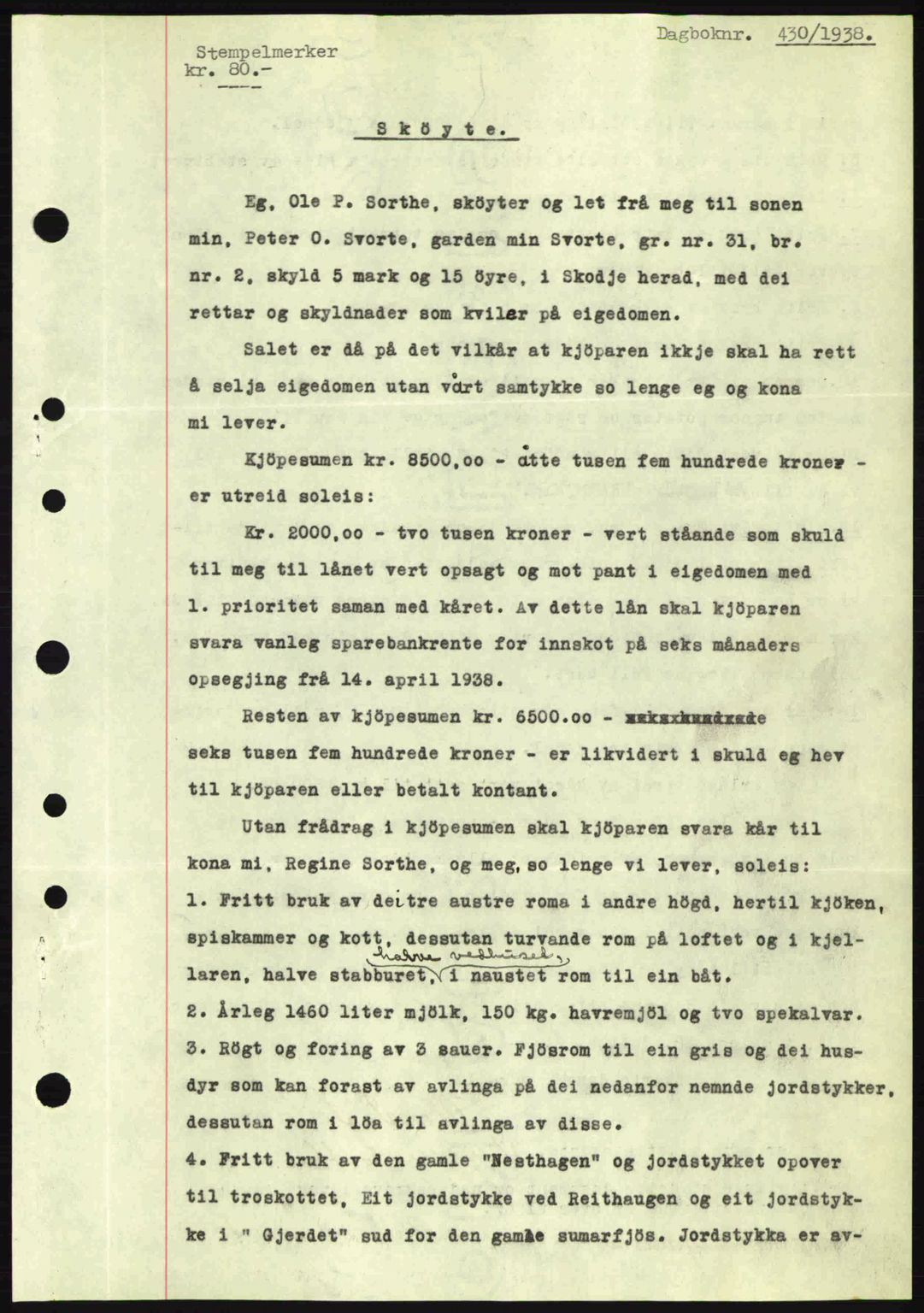 Nordre Sunnmøre sorenskriveri, AV/SAT-A-0006/1/2/2C/2Ca: Mortgage book no. A4, 1937-1938, Diary no: : 430/1938