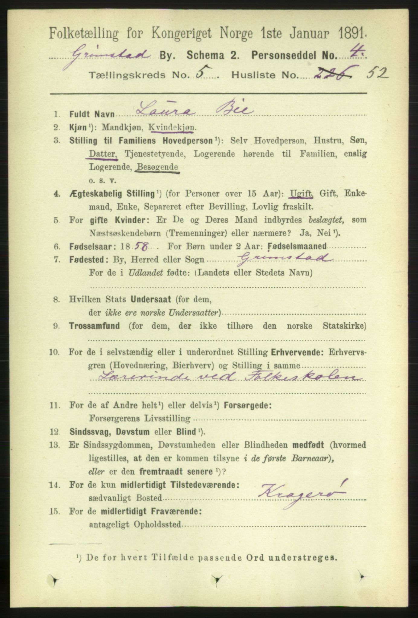 RA, 1891 census for 0904 Grimstad, 1891, p. 3457