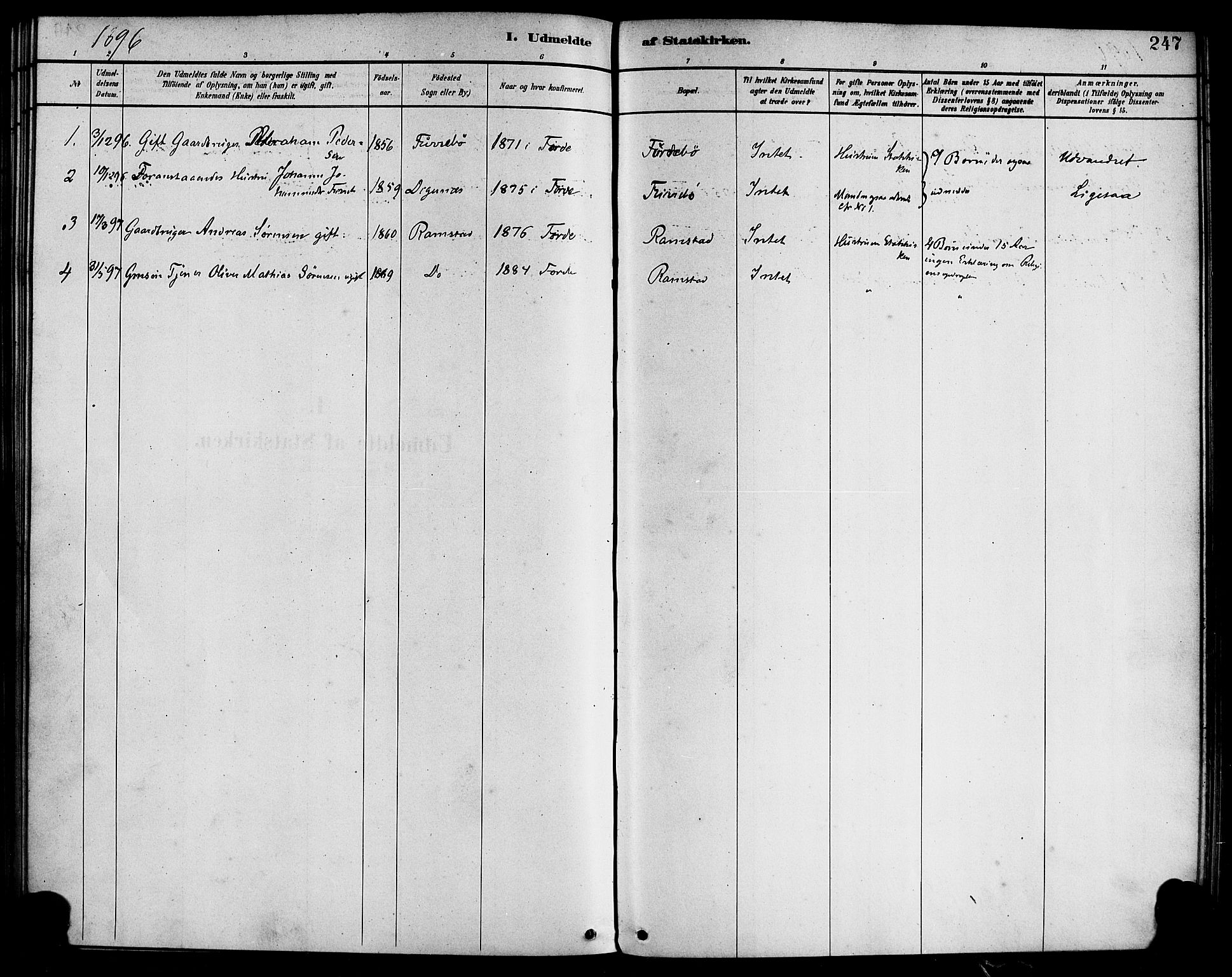 Førde sokneprestembete, SAB/A-79901/H/Haa/Haab/L0001: Parish register (official) no. B 1, 1880-1898, p. 247