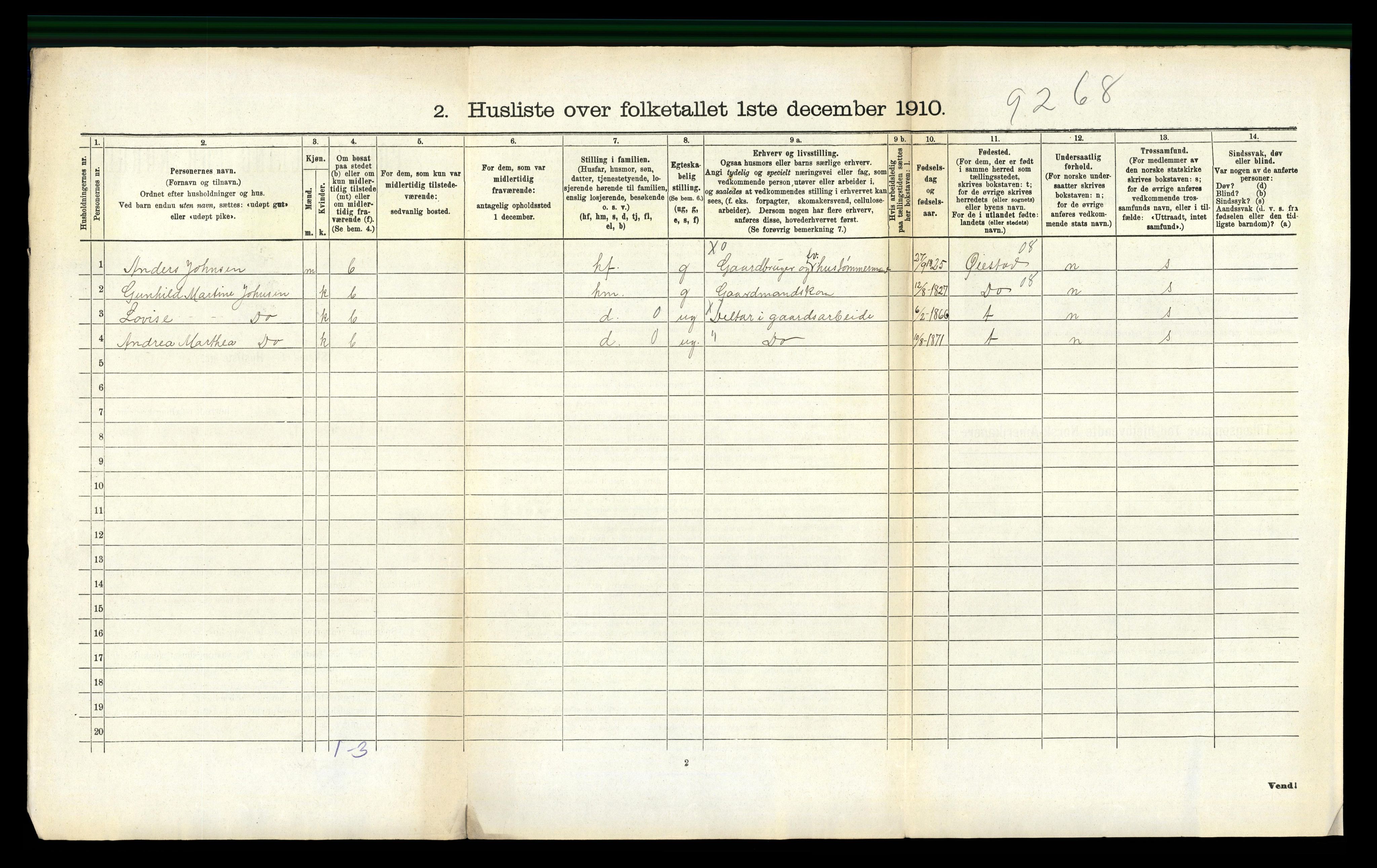 RA, 1910 census for Austre Moland, 1910, p. 287