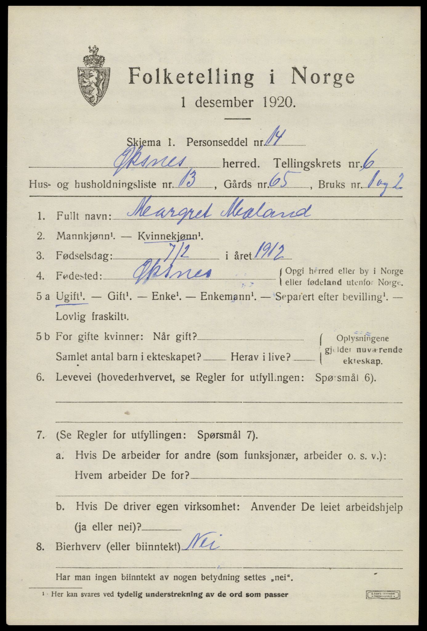 SAT, 1920 census for Øksnes, 1920, p. 5084