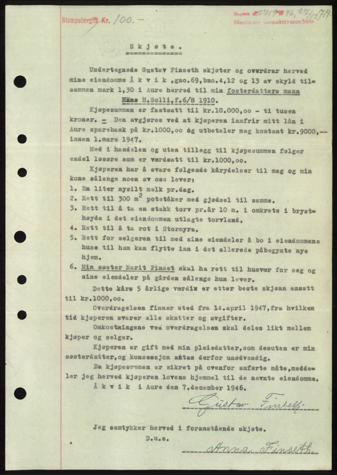 Nordmøre sorenskriveri, AV/SAT-A-4132/1/2/2Ca: Mortgage book no. A103, 1946-1947, Diary no: : 2719/1946